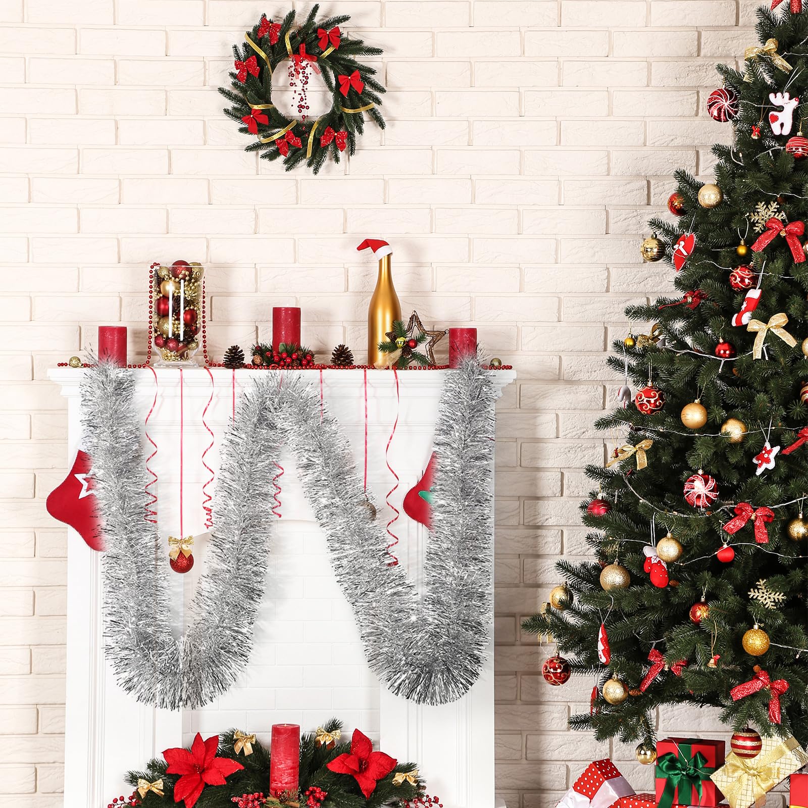 50 Feet Silver Tinsel Garland - Metallic Christmas Tree Decorations, Holiday Party Streamers & Wall Hanging Banner for Xmas, Birthday, Wedding, Home Decor (3.54