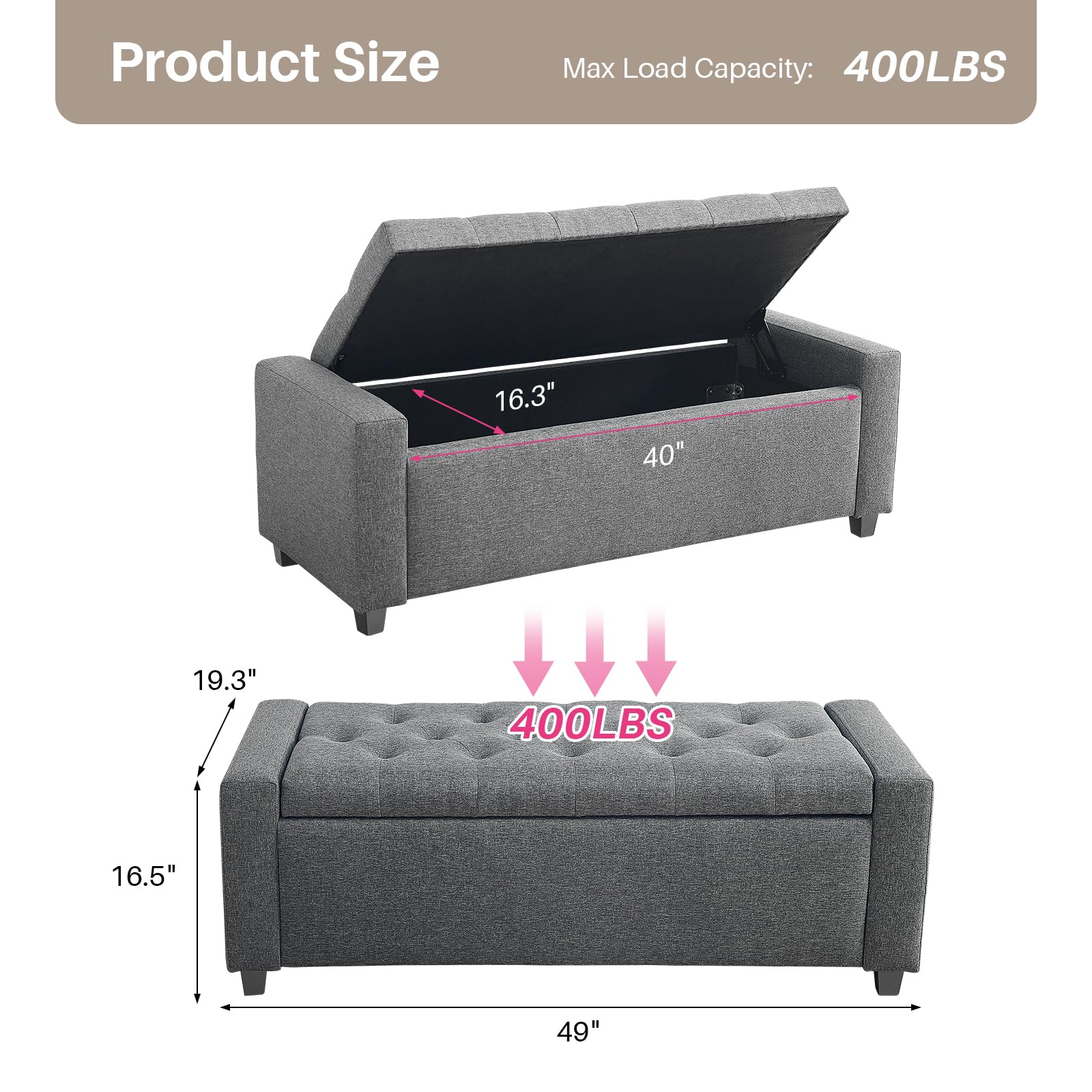Redlife Storage Ottoman Bench - 19 x 48 x 16.5 Inch Button Tufted Bedroom Bench with 400LBS Capacity, Multi-Functional Storage Ottoman for Bedroom, Living Room & Entryway (Gray) - Perfect for Small Space Organization, Extra Seating & Home Decor