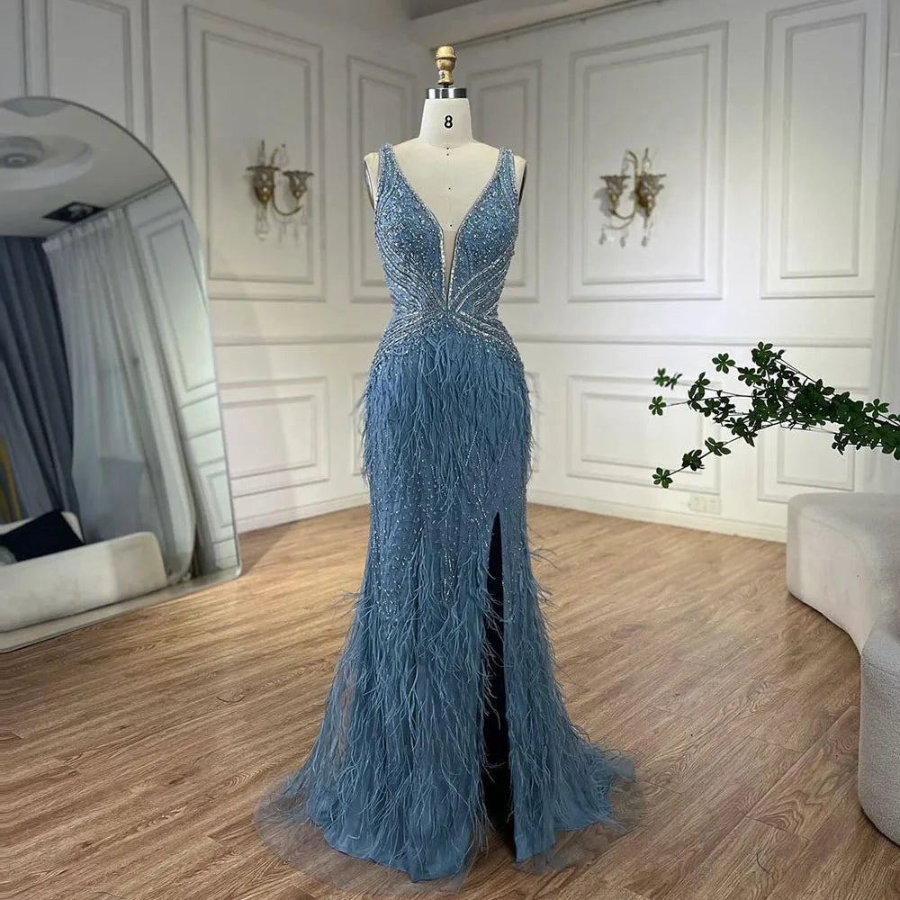 Elegant Gold Mermaid Evening Dress with High Slit & Feather Details - Backless Beaded Gown for Women - Perfect for Prom, Gala, and Red Carpet Events