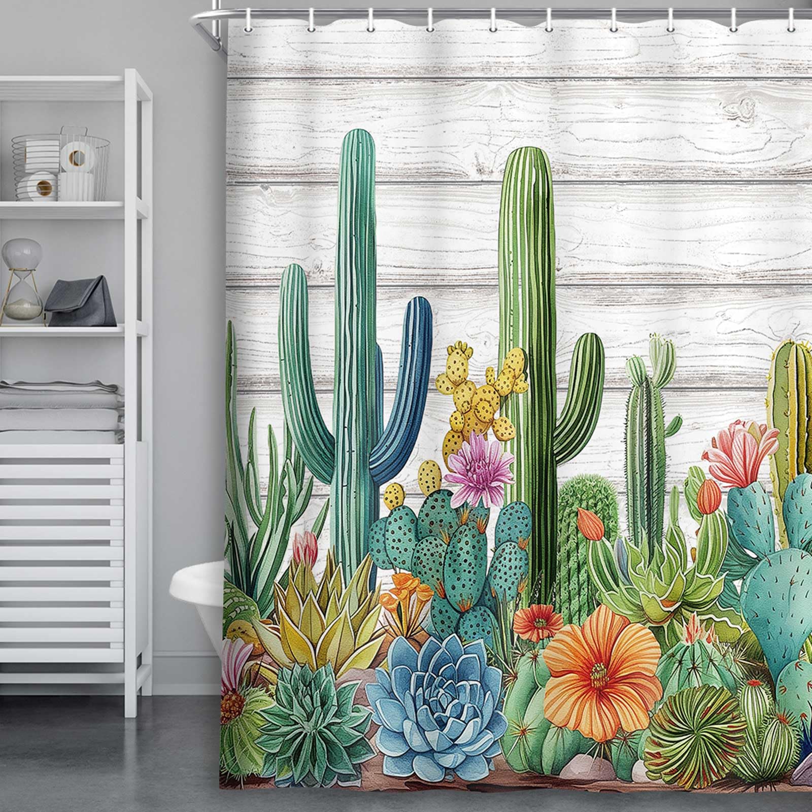 Waterproof Cactus Shower Curtain Set with Tropical Green Leaves & Pink Flowers - Rustic Farmhouse Bathroom Decor, 60x72 Inch - Perfect for Boho, Farmhouse, and Modern Bathroom Styles