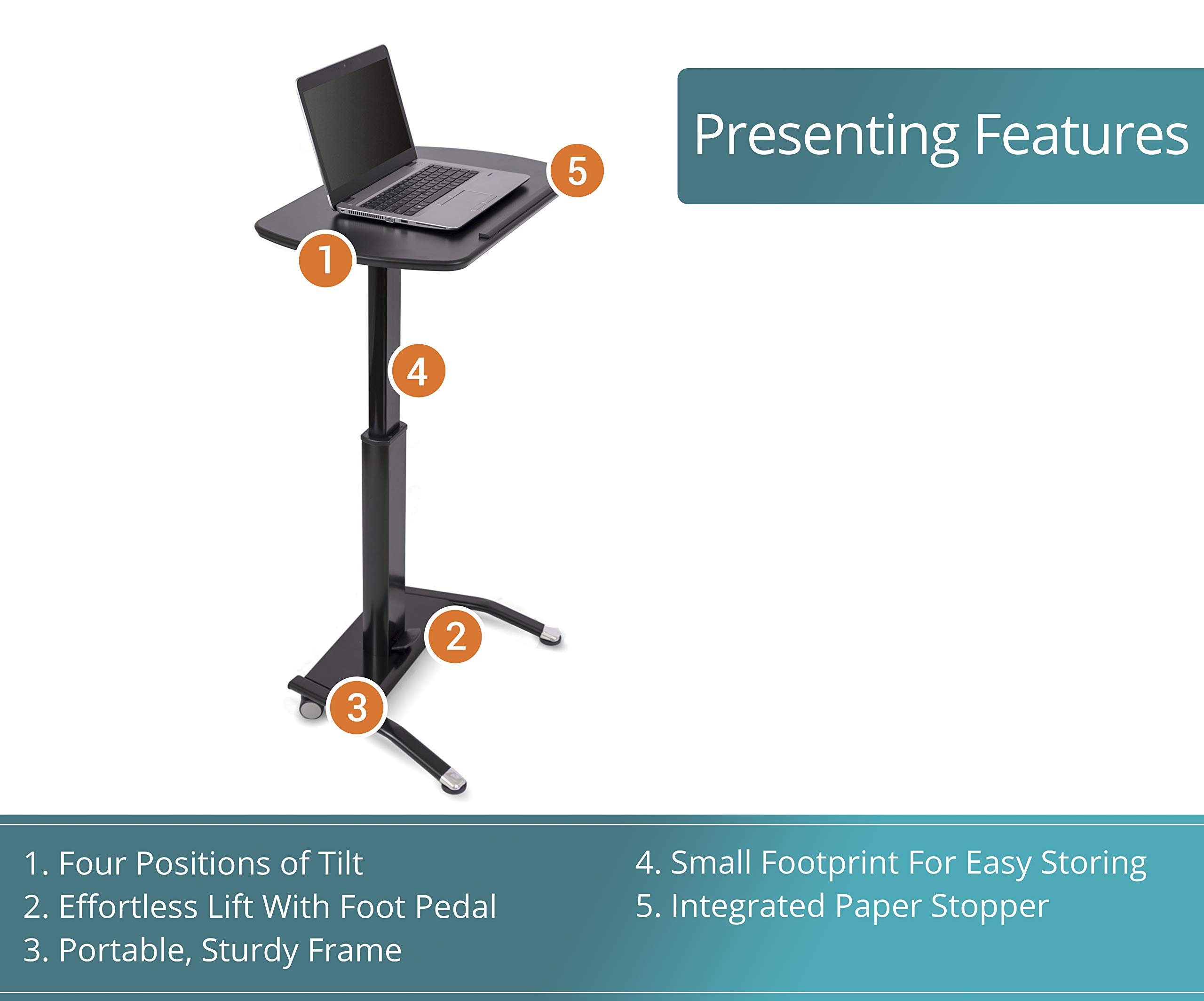 Adjustable Height Standing Desk with Tilting Laptop Stand - Ergonomic Pneumatic Lectern Podium for Office & Home (Black, 25.5