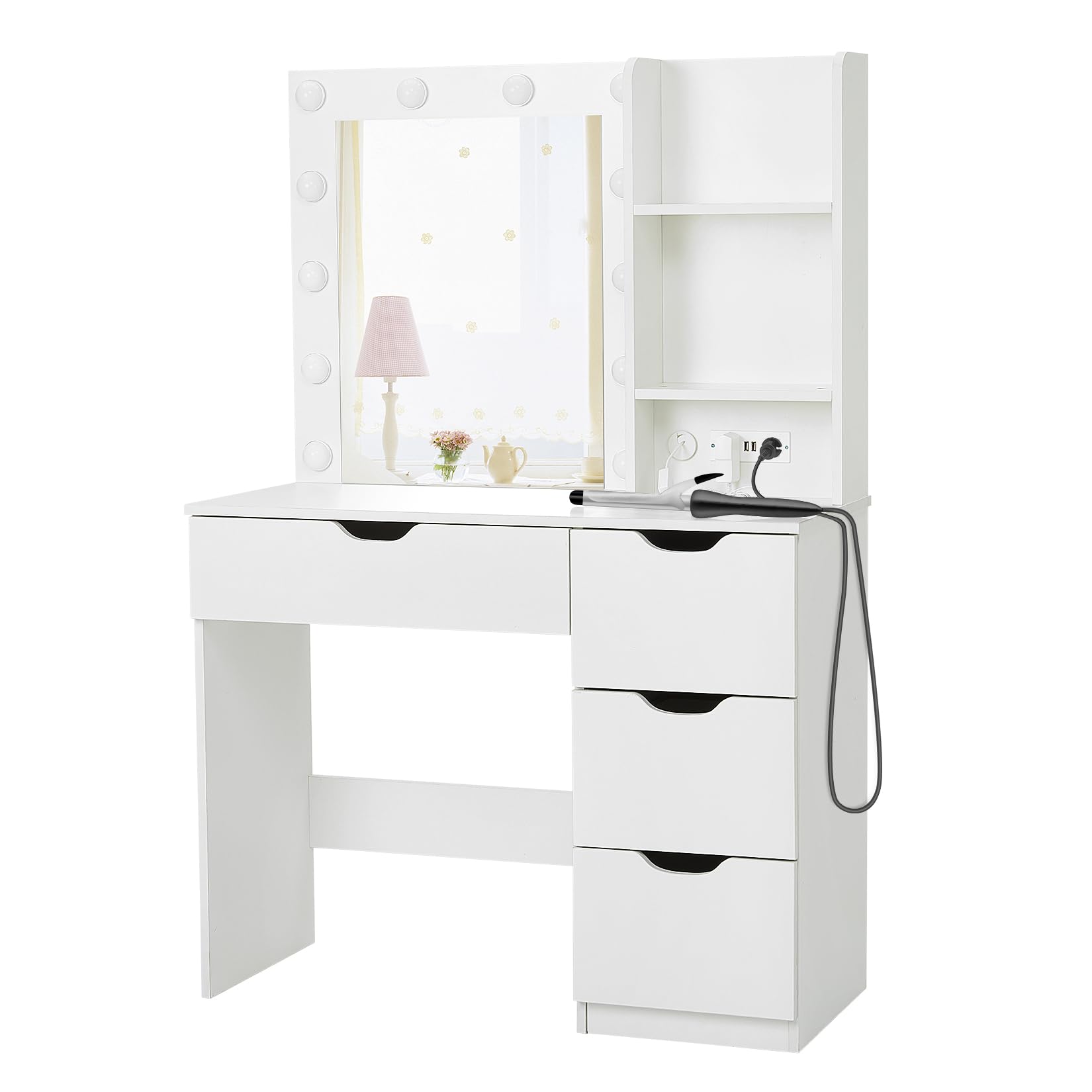 Modern Vanity Makeup Desk with LED Lights & Power Outlet - White Dressing Table with 4 Drawers, Crystal Knobs & Large Mirror - Perfect for Bedroom, Beauty Salon & Home Decor