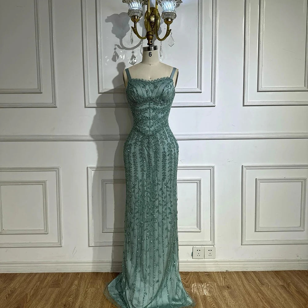 Luxury Dubai Arabic Blue Spaghetti Strap Mermaid Gown - Beaded Saudi Evening Dress for Formal Occasions, Weddings, Prom & Special Events LA72725