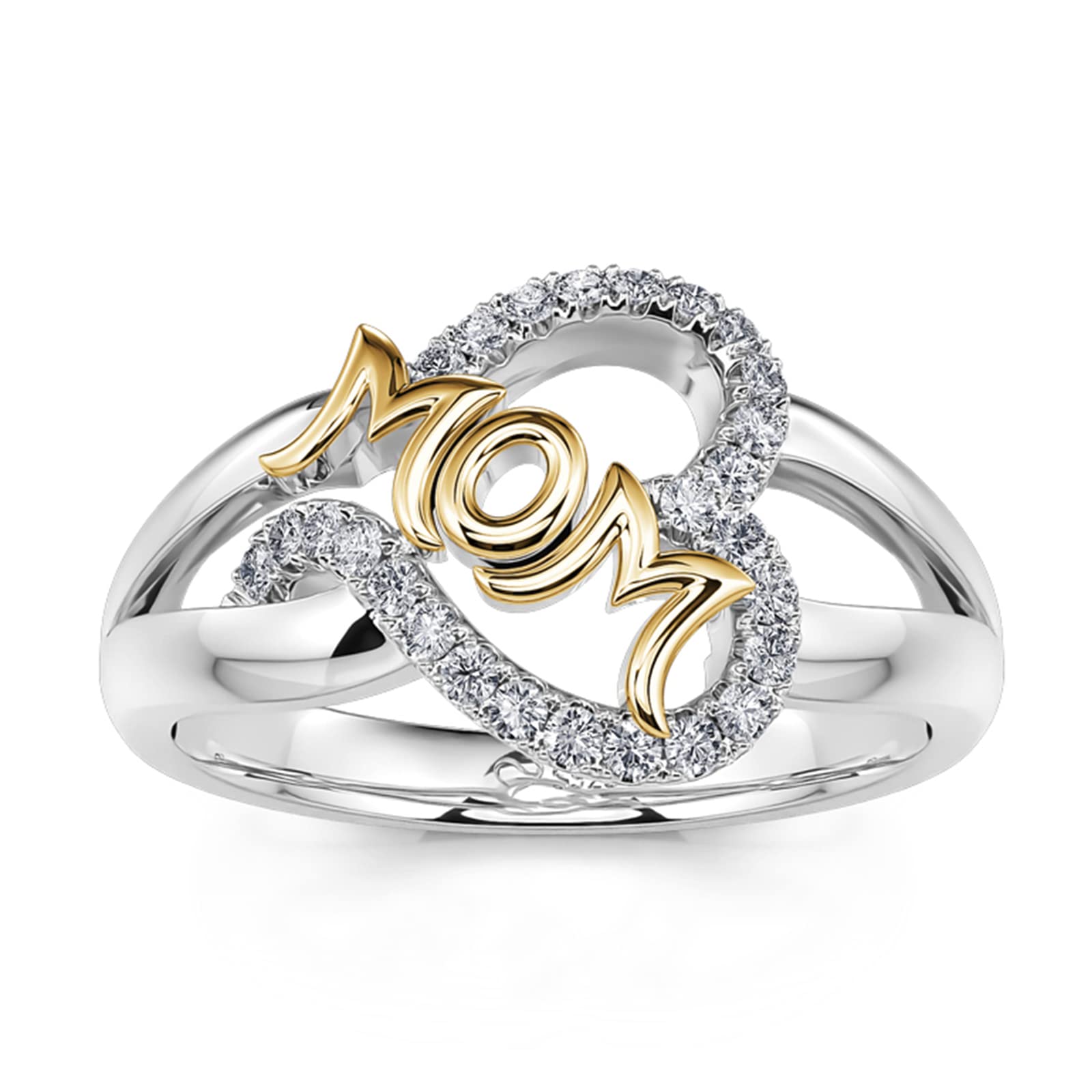 Jeulia Sterling Silver Gold Plated Rhinestone Heart Cut Ring - MOM Letter Ring for Mother's Day, Engagement, Wedding & Anniversary Gift with Jewelry Box | Perfect for Valentine's Day, Christmas & Special Occasions