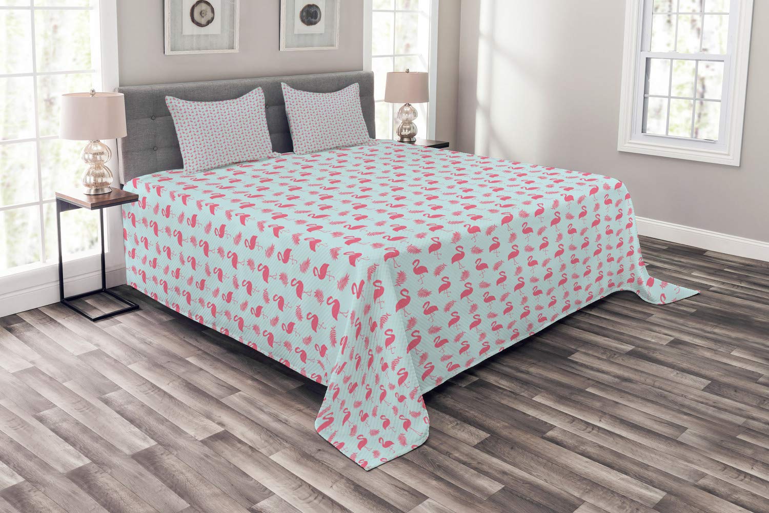 Ambesonne King Size 3-Piece Quilted Bedspread Set with 2 Pillow Shams - Flamingo & Tropical Leaves Design in Pale Blue - Soft Decorative Coverlet for Bedroom, Guest Room, or Dorm - Perfect for Tropical & Coastal Home Decor