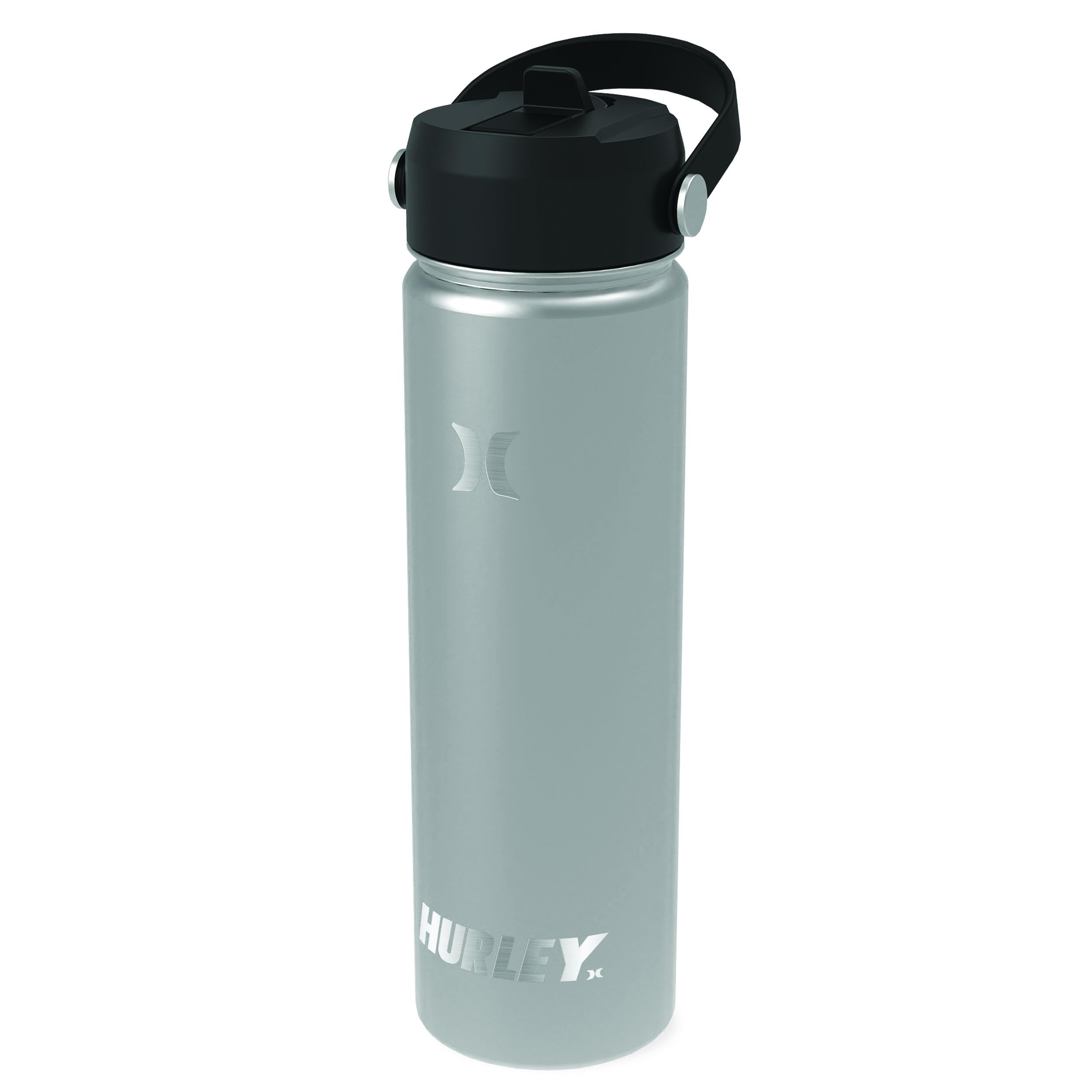Hurley 20oz Stainless Steel Insulated Water Bottle with Flip Straw Lid - Keeps Drinks Hot/Cold for 24 Hours - Perfect for Gym, Hiking, Travel & Outdoor Activities - BPA Free Silver Vacuum Flask