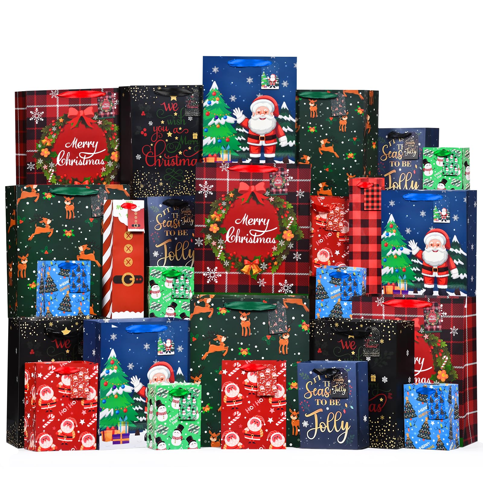 26 PCS Christmas Gift Bags Set - Assorted Sizes (6 X-Large, 6 Large, 6 Medium, 6 Small, 2 Wine Bags) - Holiday Present Wrapping Bags for Christmas Presents, Party Favors & Wine Gifts - Perfect for Home, Office & Festive Celebrations