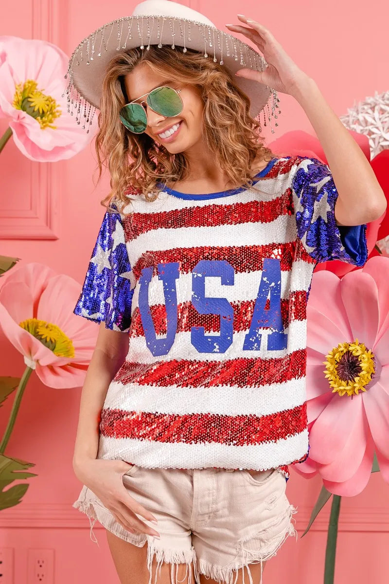 BiBi American Flag Sequin Top with USA Lettering - Patriotic Party Outfit for 4th of July, Independence Day & National Celebrations