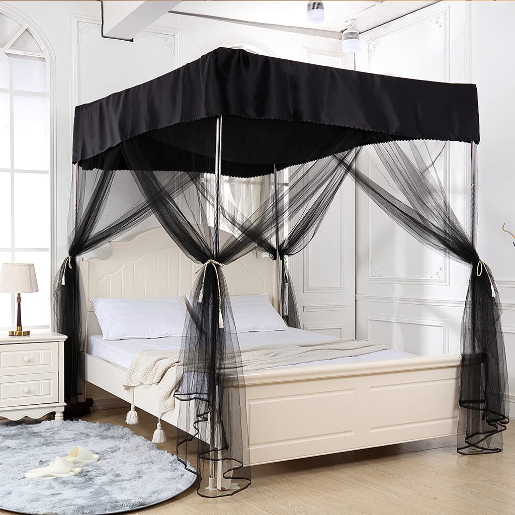 2-in-1 Double Protection Princess 4 Corner Post Bed Mosquito Net & Blackout Bed Curtains - Lightproof Privacy Canopy for Bedroom (Black, Full Size) | Perfect for Allergy Relief, Baby Protection & Romantic Bedroom Decor