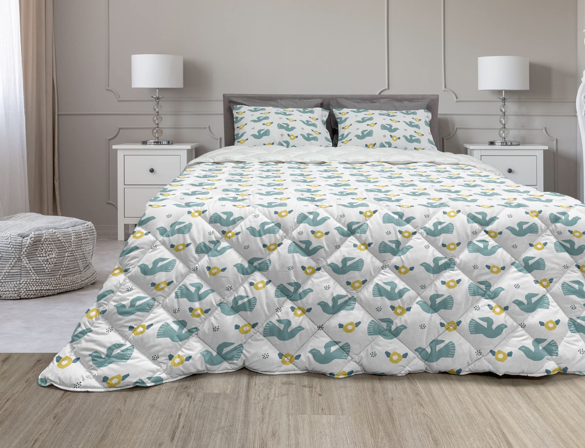 Ambesonne Abstract Bird & Dove Comforter Set - 3 Piece King Size Duvet Cover with Microfiber Filling in Earth Yellow, Teal & White | Freedom Inspired Flying Pigeons Design | Perfect for Bedroom Decor, Guest Room & Bohemian Style Homes