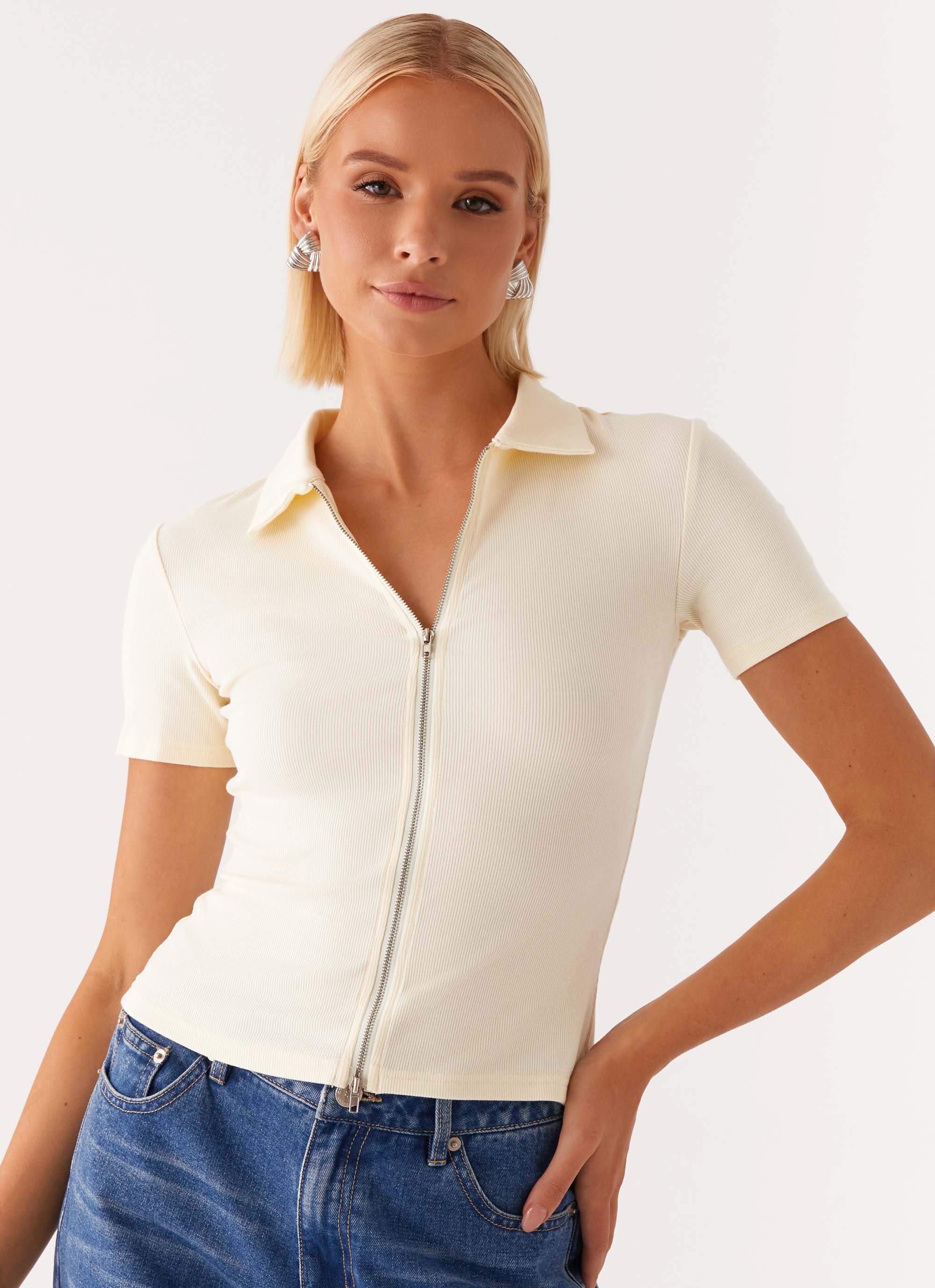 Damita Zip Front Top Women's Casual Shirt - Lemon Yellow Color for Spring & Summer Outfits | Perfect for Streetwear, Beach, and Daily Fashion