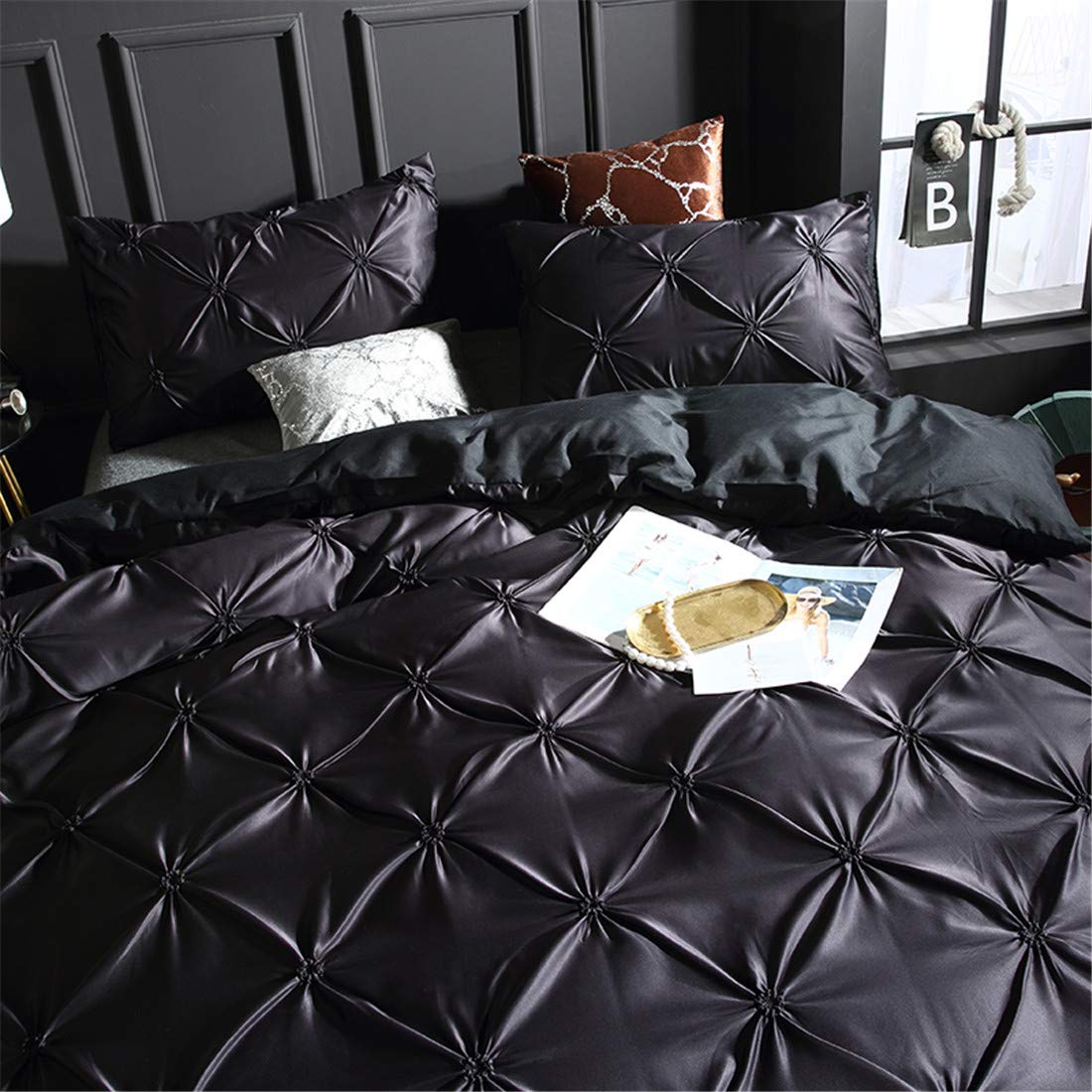 Erosebridal Luxury Pinch Pleated Duvet Cover Set - Black King Size Satin-Like Microfiber Bedding with Zipper Closure & Ruffle Design | Pintuck Decorative Comforter Cover for Master Bedroom, Guest Room & Hotel Decor