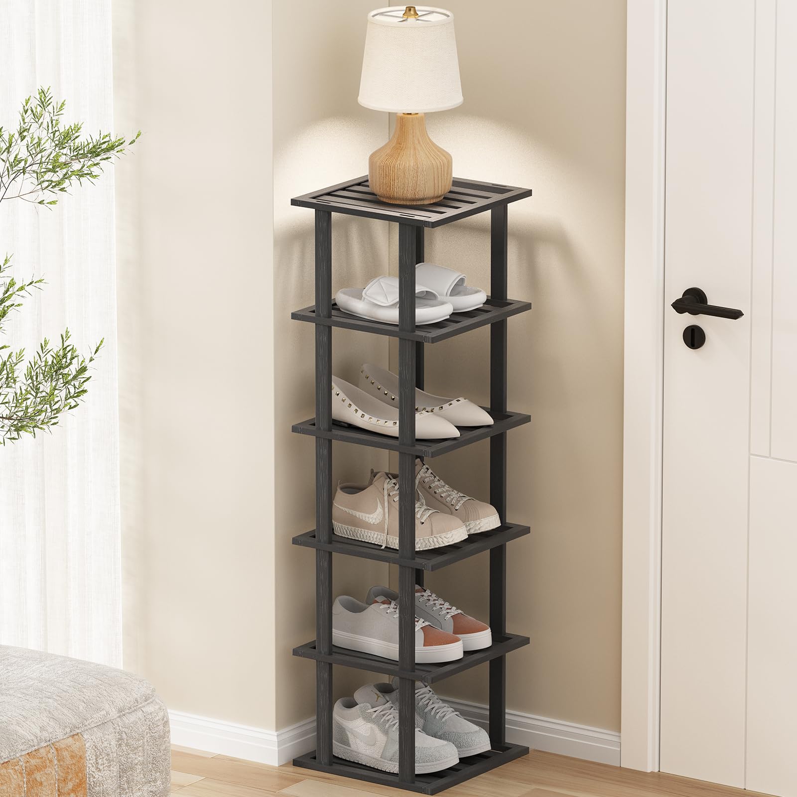 6-Tier Bamboo Shoe Rack for Small Spaces - Vertical Narrow Stackable Shoe Organizer for Closet & Entryway Storage - Black Shoe Stand for Home, Apartment & Dorm Organization