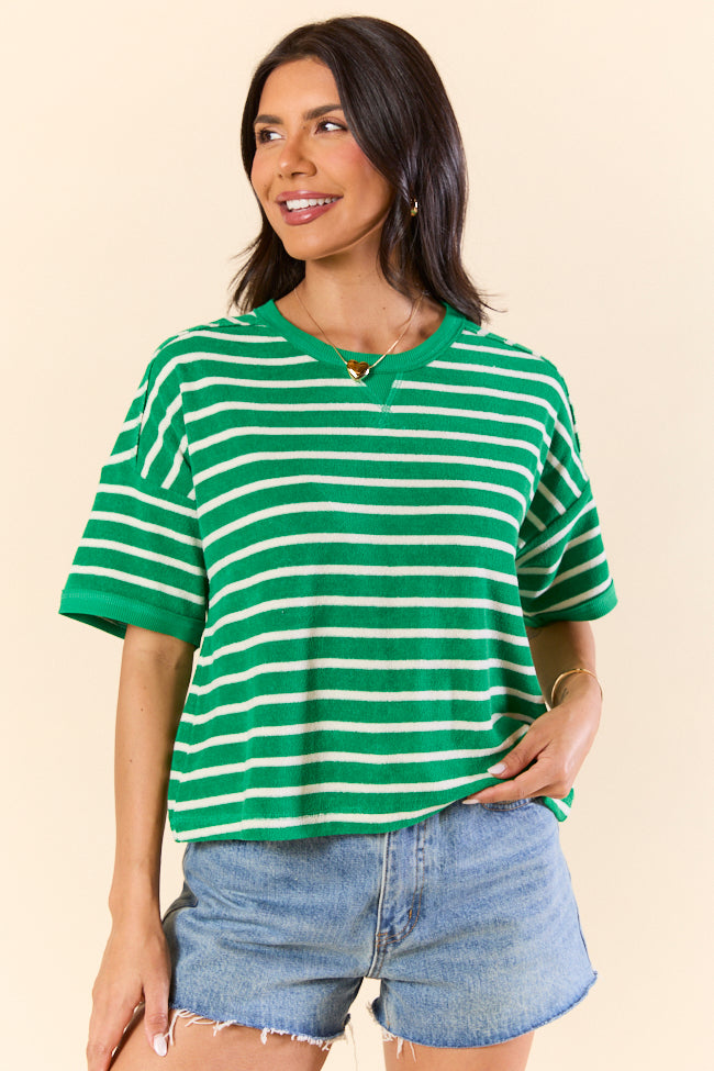 Color Wave Green and Oatmeal Striped Knit Boxy Tee - Women's Casual Loose Fit T-Shirt | Trendy Striped Top for Everyday Wear, Outfits & Layering