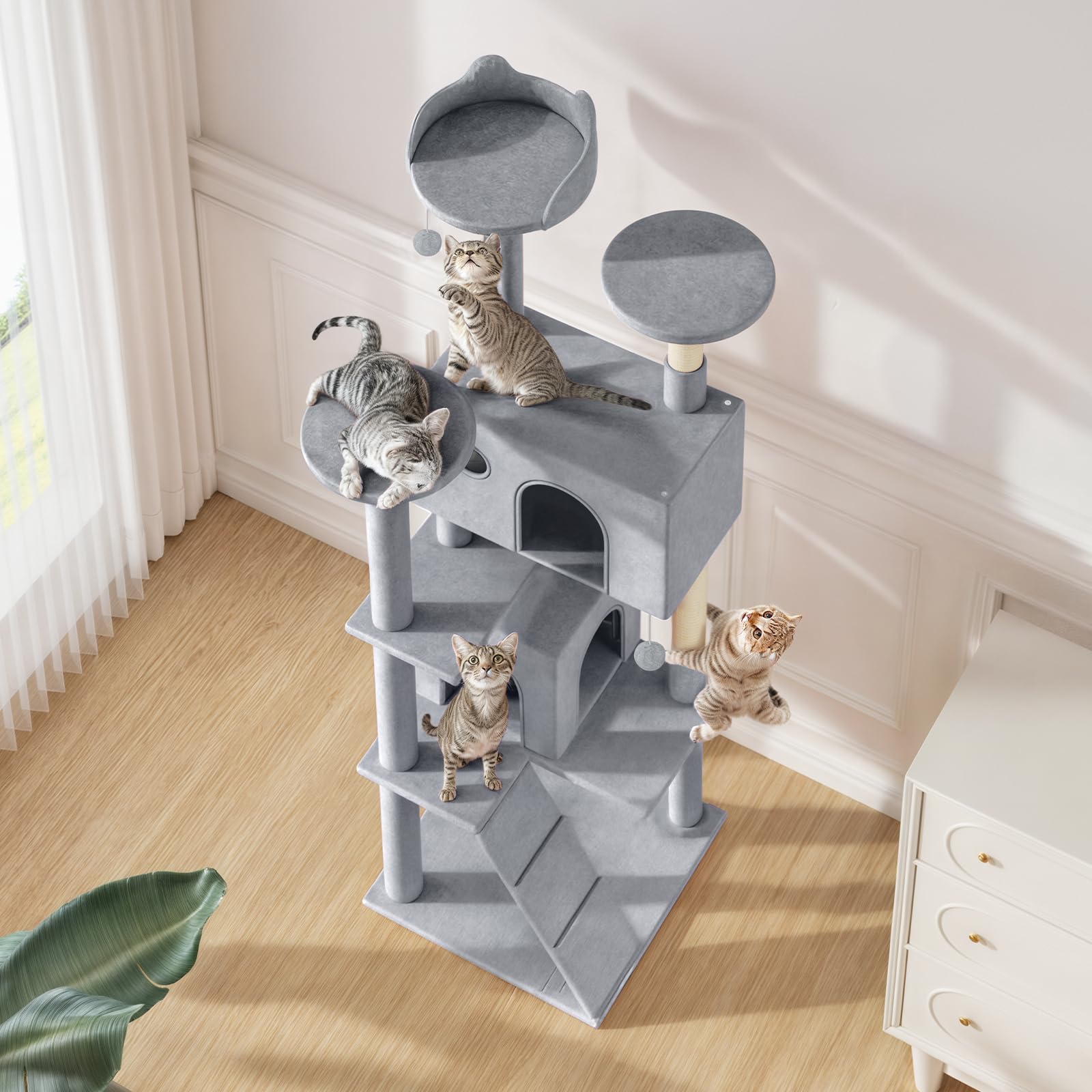**MoNiBloom 70-Inch Tall Cat Tree Tower with 2 Condos & Scratching Posts - Sturdy Cat Climbing Tower for Indoor Cats, Light Grey - Perfect for Play, Rest & Scratching in Small Spaces**