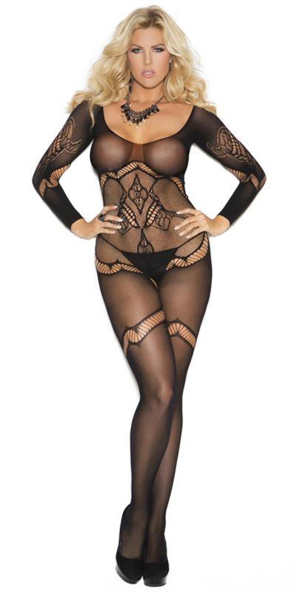 **Sexy Plus Size Long Sleeve Floral Crochet Bodystocking - Black Lace Lingerie for Women, Perfect for Valentine's Day, Boudoir Photos, and Sensual Nights**