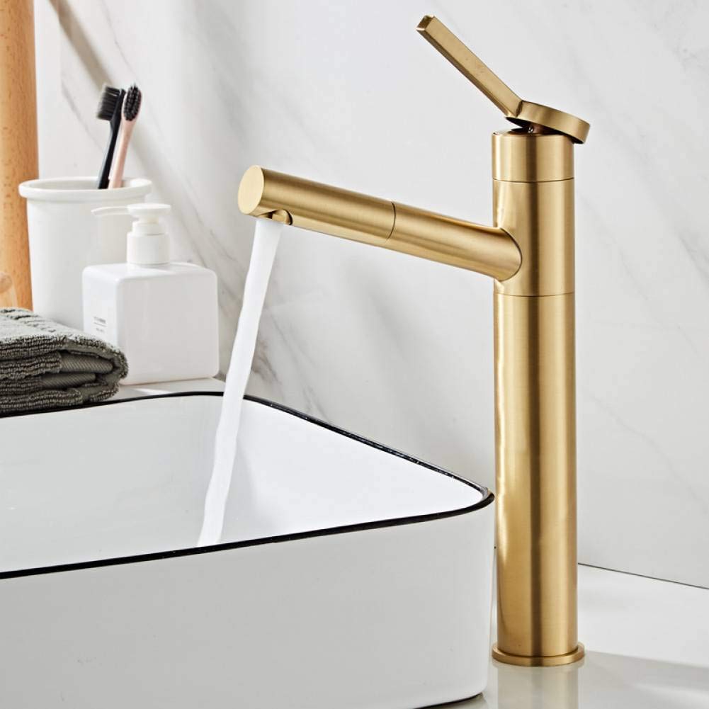 Brushed Gold Single Handle Pull Out Kitchen Faucet with Hot and Cold Water Mixer - Ideal for Modern Bathroom & Vessel Sink Installation