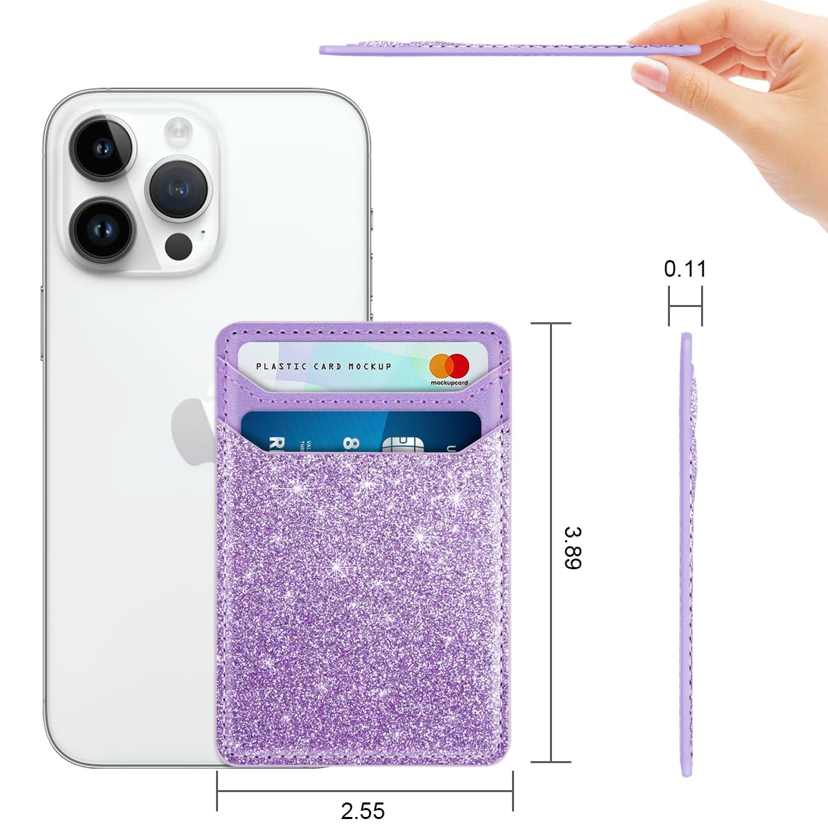 Self Adhesive Leather RFID Phone Wallet - Stick On Credit Card Holder for iPhone & Samsung (Glitter Purple) | Secure Contactless Card Storage for Commuting, Shopping & Travel