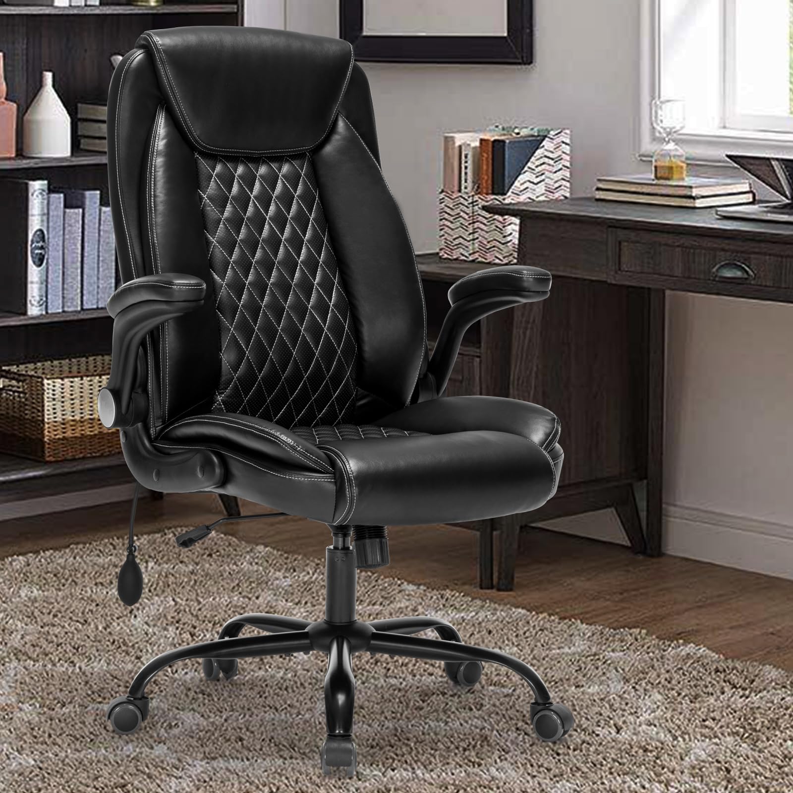Ergonomic High Back Office Chair - Adjustable Lumbar Support & Flip-Up Arms PU Leather Desk Chair with Spring Cushion for Home Office, Gaming & Computer Workstation