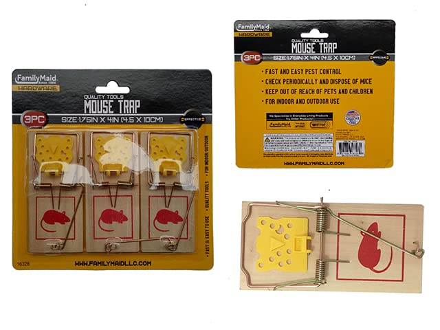 Family Maid 16328 Wooden & Plastic Mouse Trap - 1.75 x 4 Inches, 3-Pack - Effective Rodent Control for Home, Kitchen, Garage & Basement