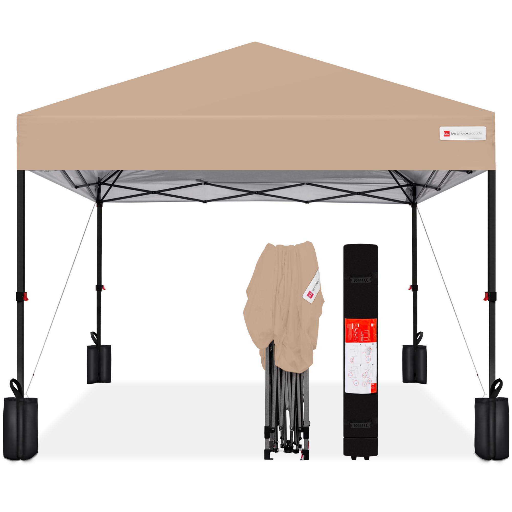 Best Choice Products 12x12ft 1-Person Instant Pop Up Canopy Tent - Portable Shelter with Easy 1-Button Setup, Carrying Case & 4 Weight Bags (Tan) - Perfect for Outdoor Events, Camping, Beach Trips and Backyard Gatherings