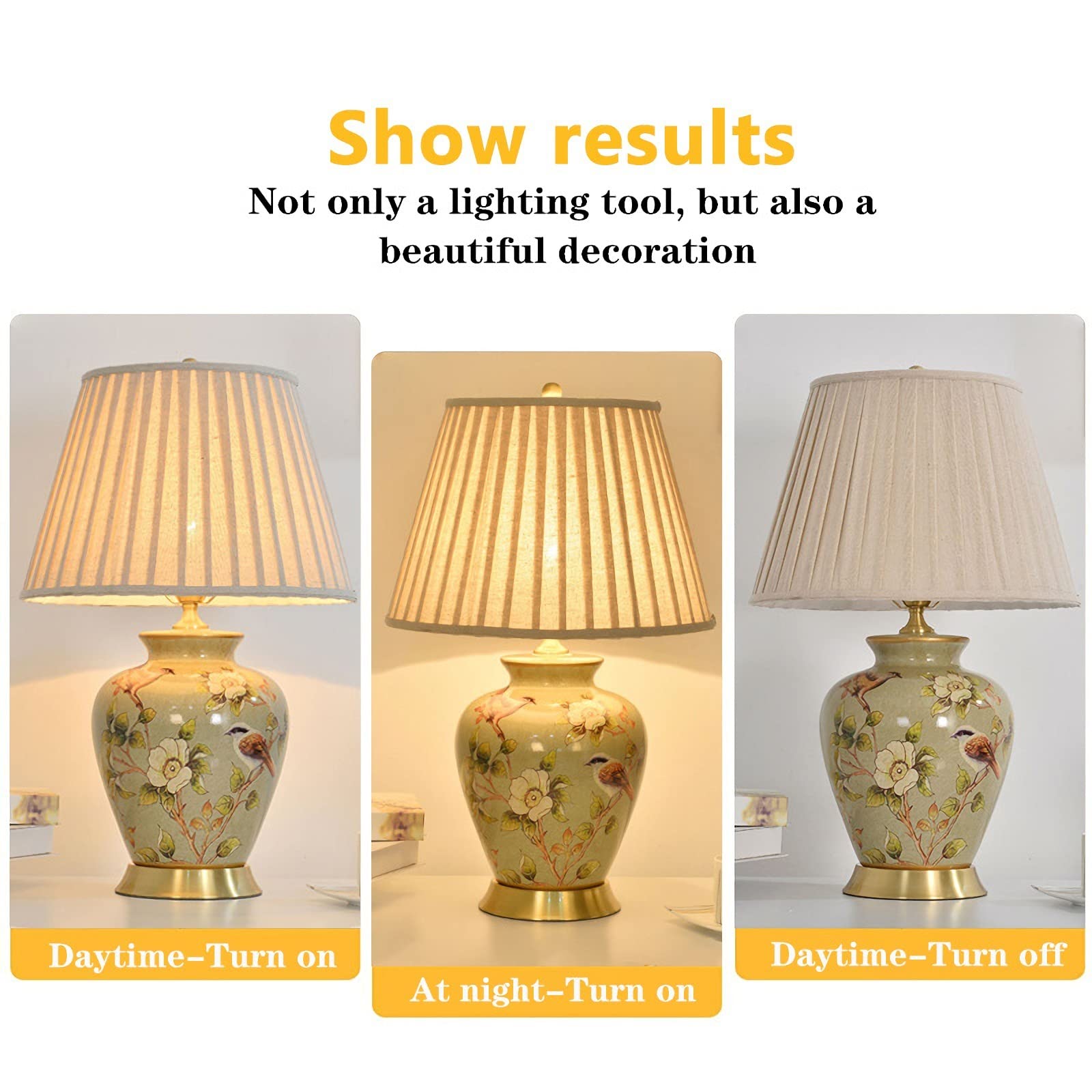 American Flower & Bird Ceramic Table Lamp - Hand-Painted Chinoiserie Design with Fabric Lampshade, LED Bulb Included - Perfect for Bedroom, Living Room, Office, College Dorm & Bookcase Decor - Creates Cozy Ambiance for Reading, Relaxation & Home Decor