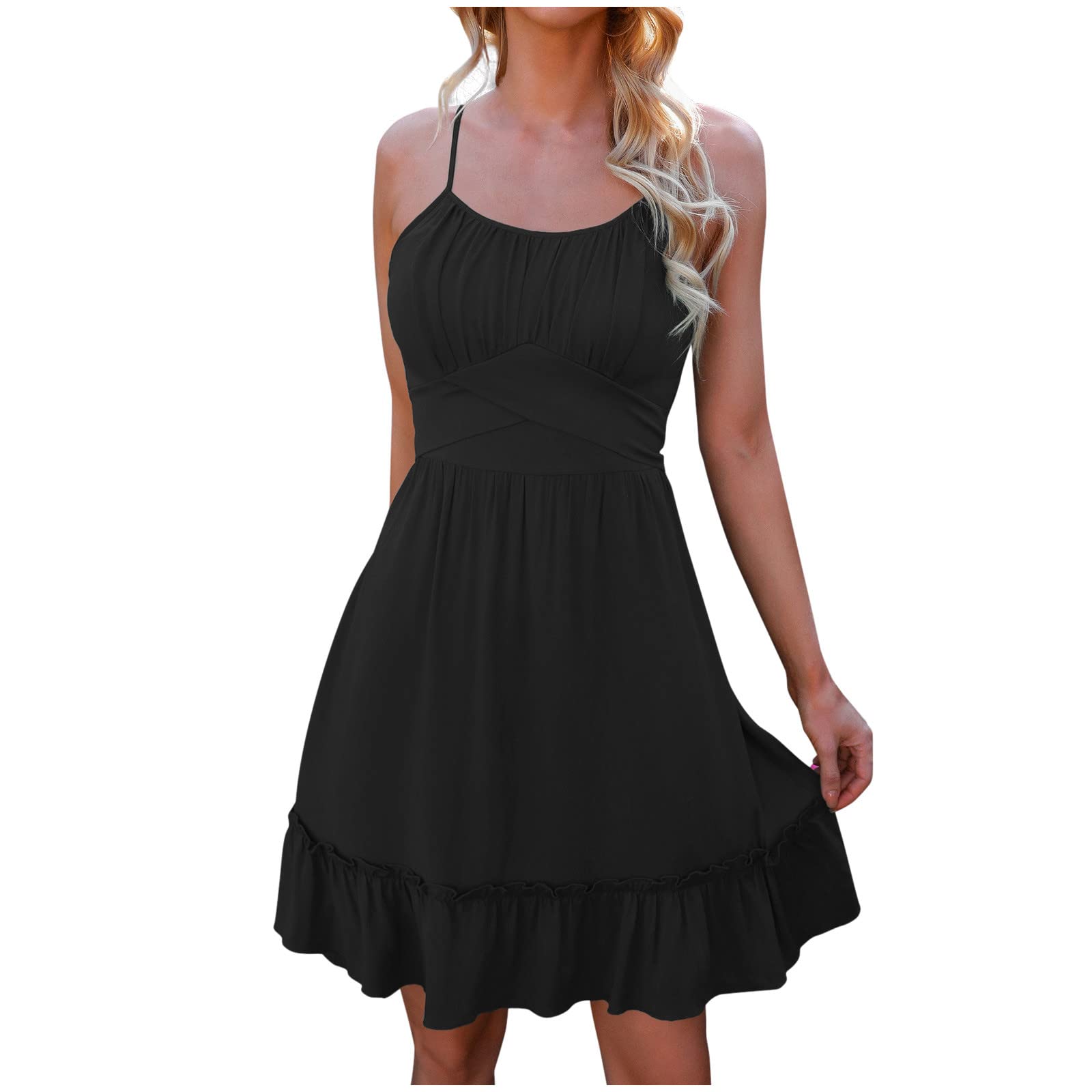 Women's Cute Spaghetti Strap Mini Dress - Shirred Ruffle Summer Party Gown, Solid Color Short Dress for Wedding Guest, Beach Vacation & Date Night Outfits