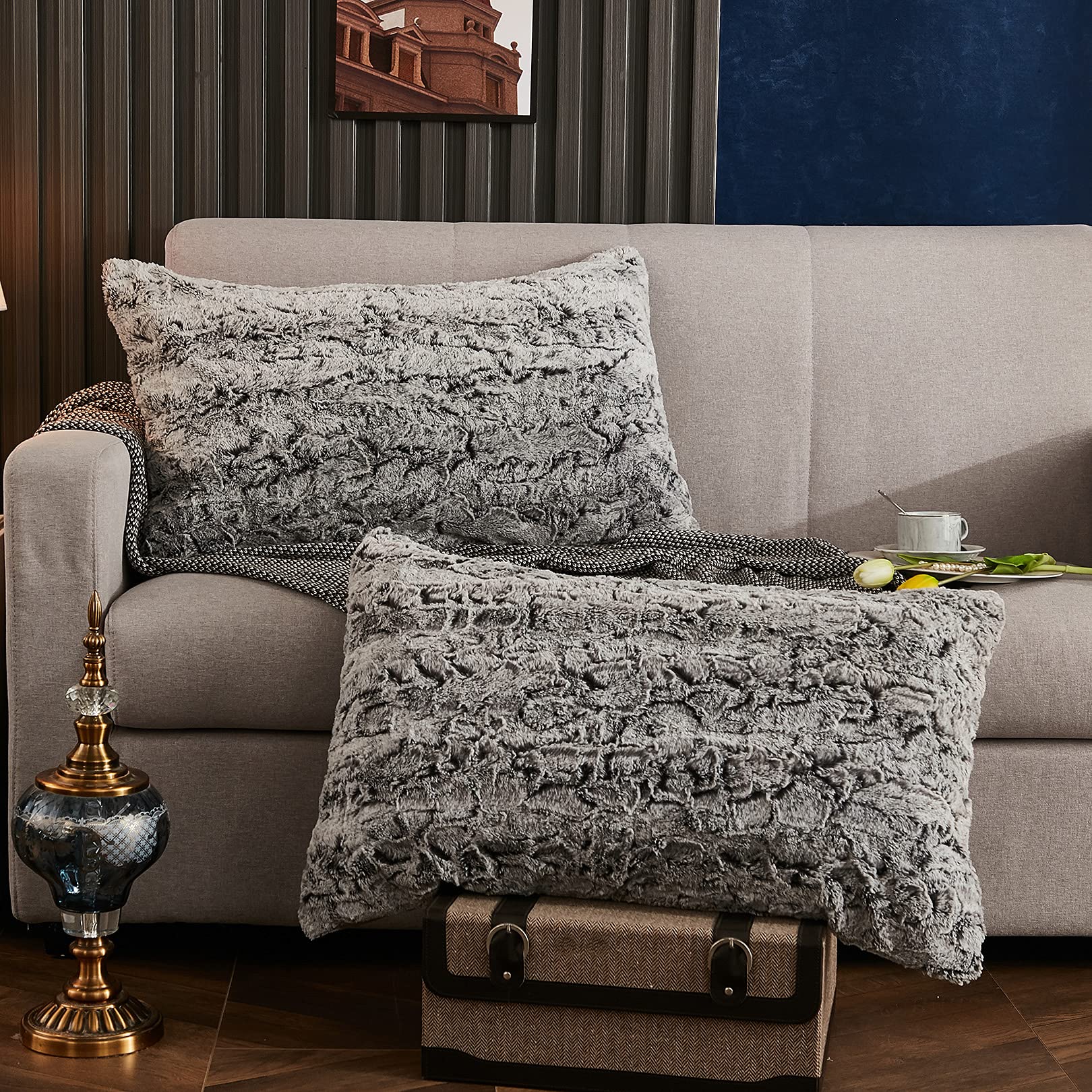 Fluffy Faux Fur Pillow Covers Set of 2 - Ombre Shaggy Plush Mink Velvet Decorative Throw Pillow Cases with Zipper Closure, 20x36 Inches, Dark Grey - Perfect for Sofa, Bed, Couch & Home Decor