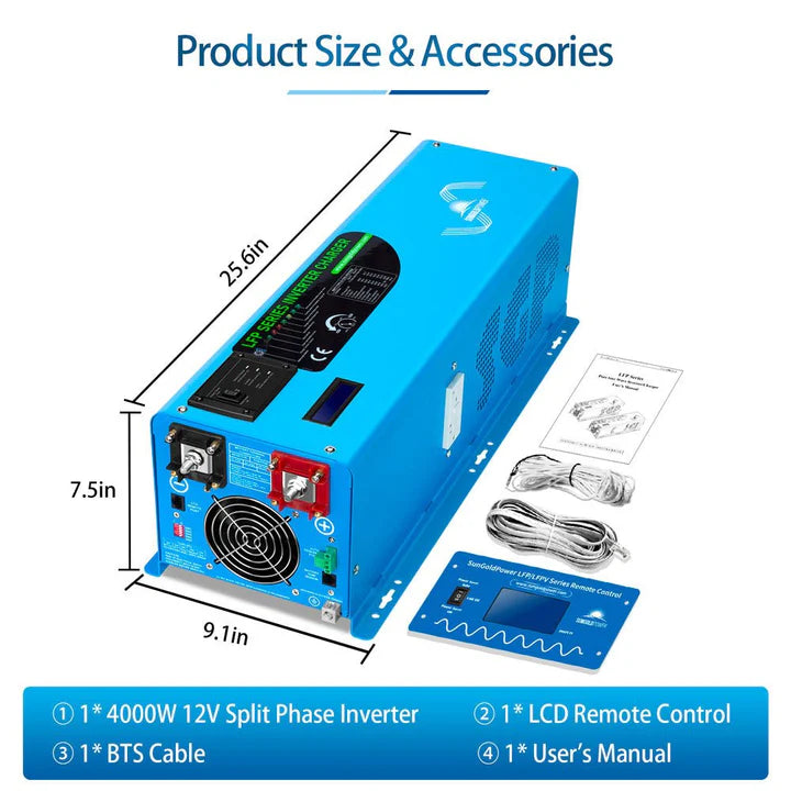 4000W 12V DC to AC Pure Sine Wave Power Inverter with Built-in Charger - Perfect for RVs, Boats, Off-Grid Solar Systems & Emergency Backup Power