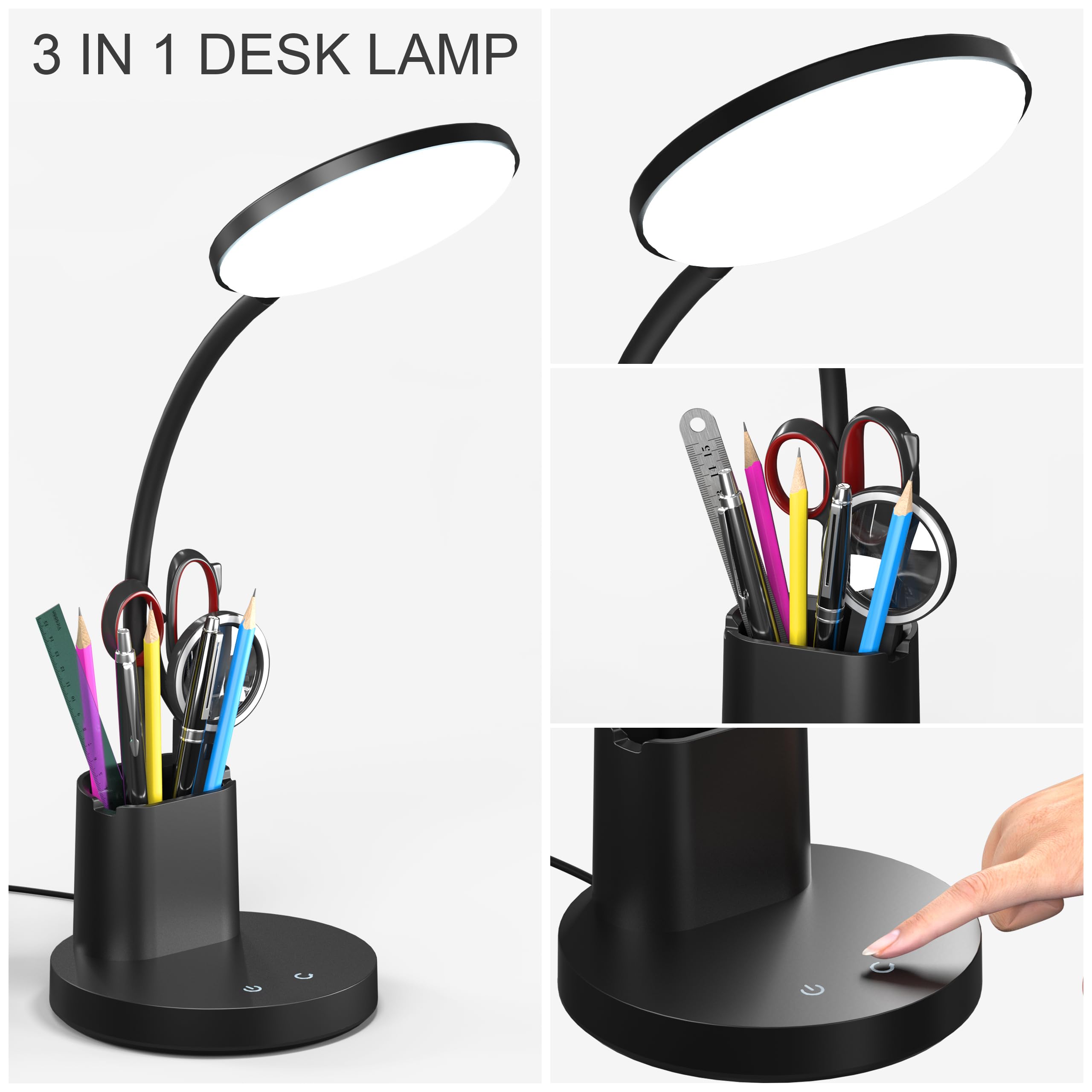 LED Desk Lamp with 3 Color Modes & 360° Adjustable Arm - Dimmable Touch Table Light with Phone/Pen Holder for Home Office Study Reading - Black Workspace Lighting