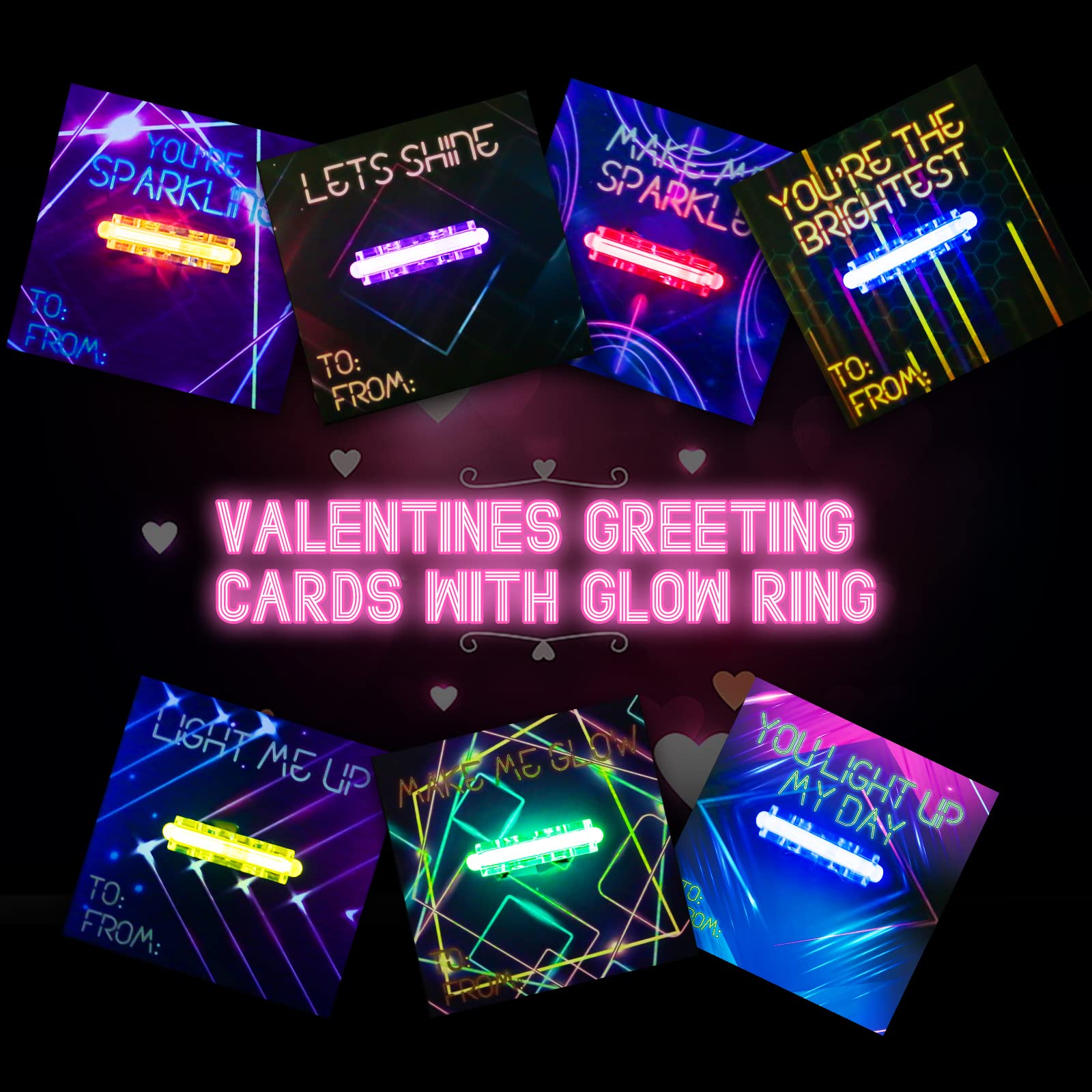 Valentine's Day Cards for Kids - 28 Glow Stick Rings & Valentine's Cards for Classroom Gift Exchange, Party Favors, Prizes for Boys & Girls | Perfect for School Valentine's Parties & Classroom Activities