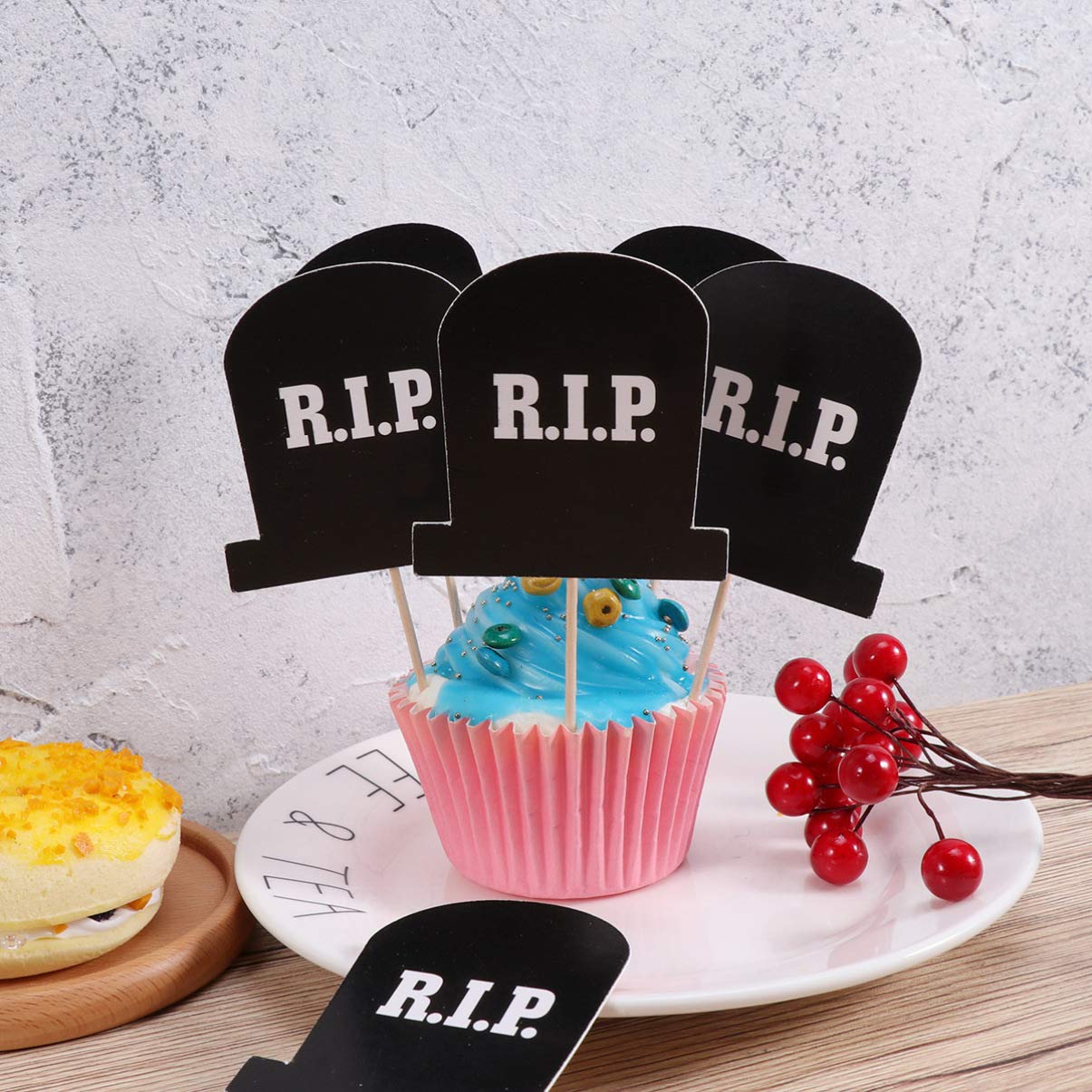 10pcs Halloween Cake Toppers - Witch, Trick or Treat & Cemetery Designs for Party Decorations | Wooden & Paper Cupcake Toppers for Halloween Desserts, Muffins & Cakes | Perfect for Halloween Parties, Trick or Treat Events & Spooky Dessert Displays