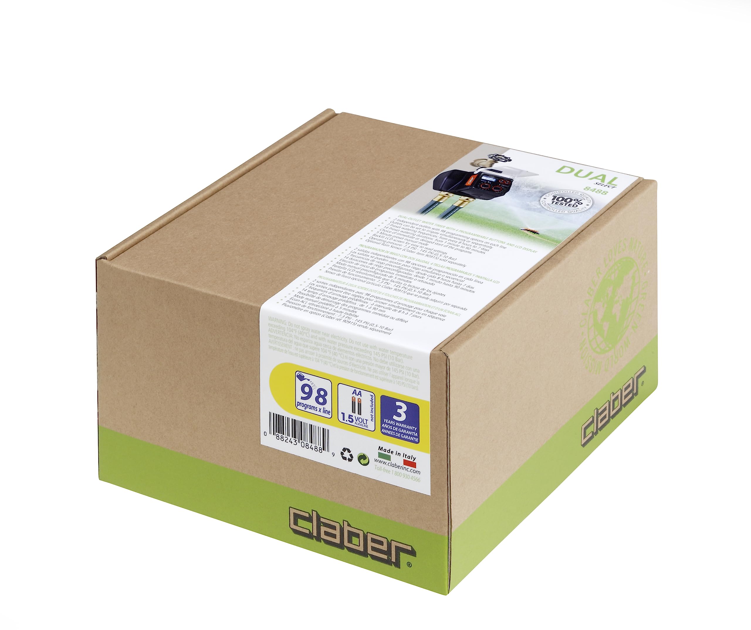 Claber 8488 Dual Select Advanced Push-Button Digital Water Timer with 2 Outlets - Automatic Garden Irrigation System for Lawns, Plants & Sprinklers