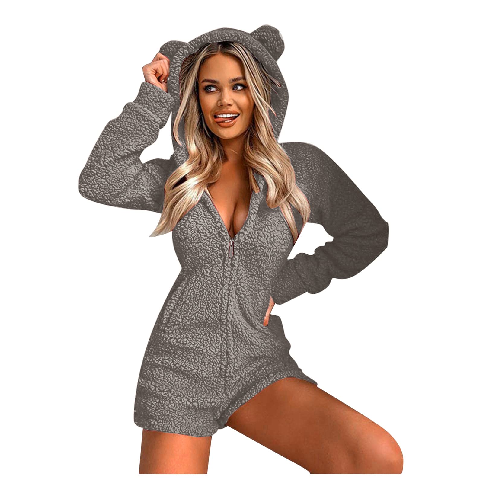 Sinifer Women's Cartoon Bear Onesie Pajama Set - Sherpa Fleece Short Jumpsuit for Winter Sleepwear & Lounge Wear - Cozy Home Outfit, Christmas Pajamas, Gift for Her