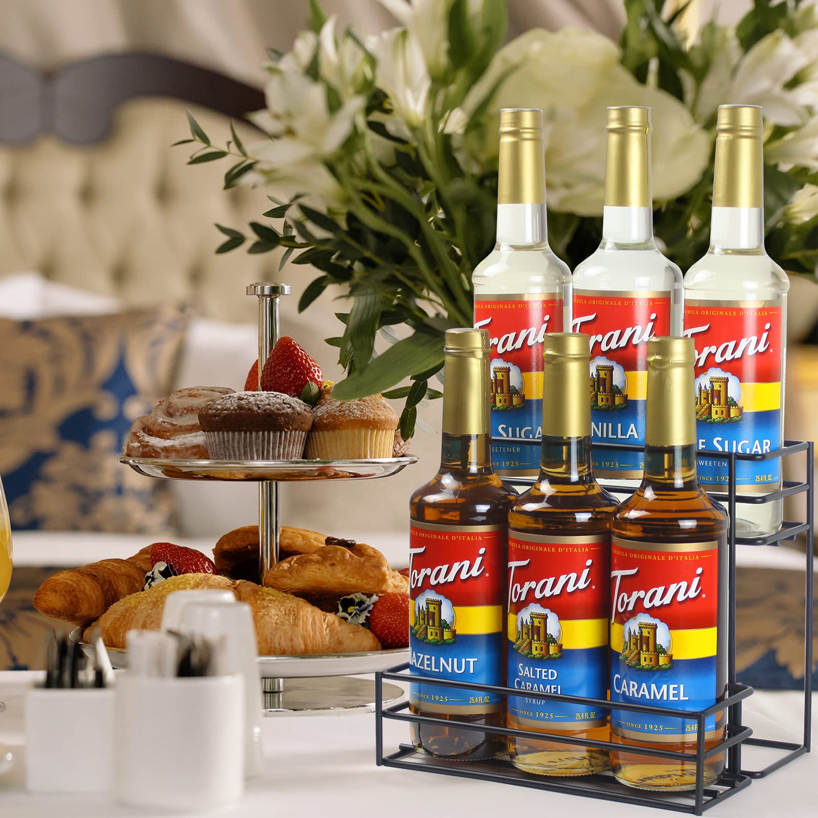 6-Bottle Coffee Syrup Organizer & Wine Rack - Space-Saving Storage for Coffee Bars, Kitchens & Home Bars - Perfect for Syrups, Wines & Salad Dressings (Ideal for Small Spaces & Entertaining)