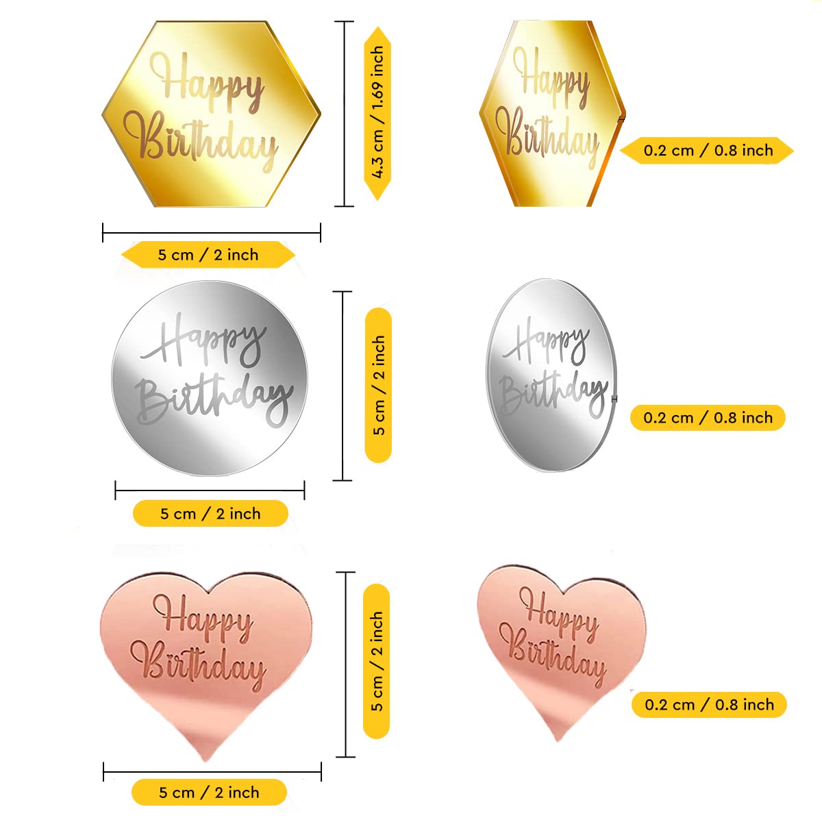 30 PCS Happy Birthday Cake Toppers - Mini Acrylic Cupcake Decorations, Mirror Heart Round Hexagon Engraved Charms for DIY Cake Decorating | Perfect for Birthday Parties, Baby Showers & Wedding Celebrations
