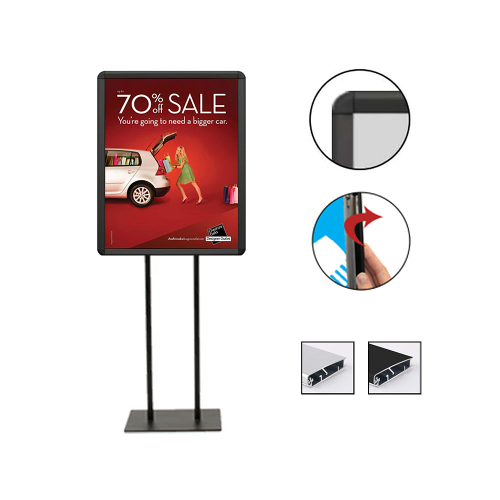 27x40 Double Pole Floor Stand Sign Holder - Aluminum Snap Frame with Rounded Radius Edge Corners for Retail Stores, Events & Trade Shows
