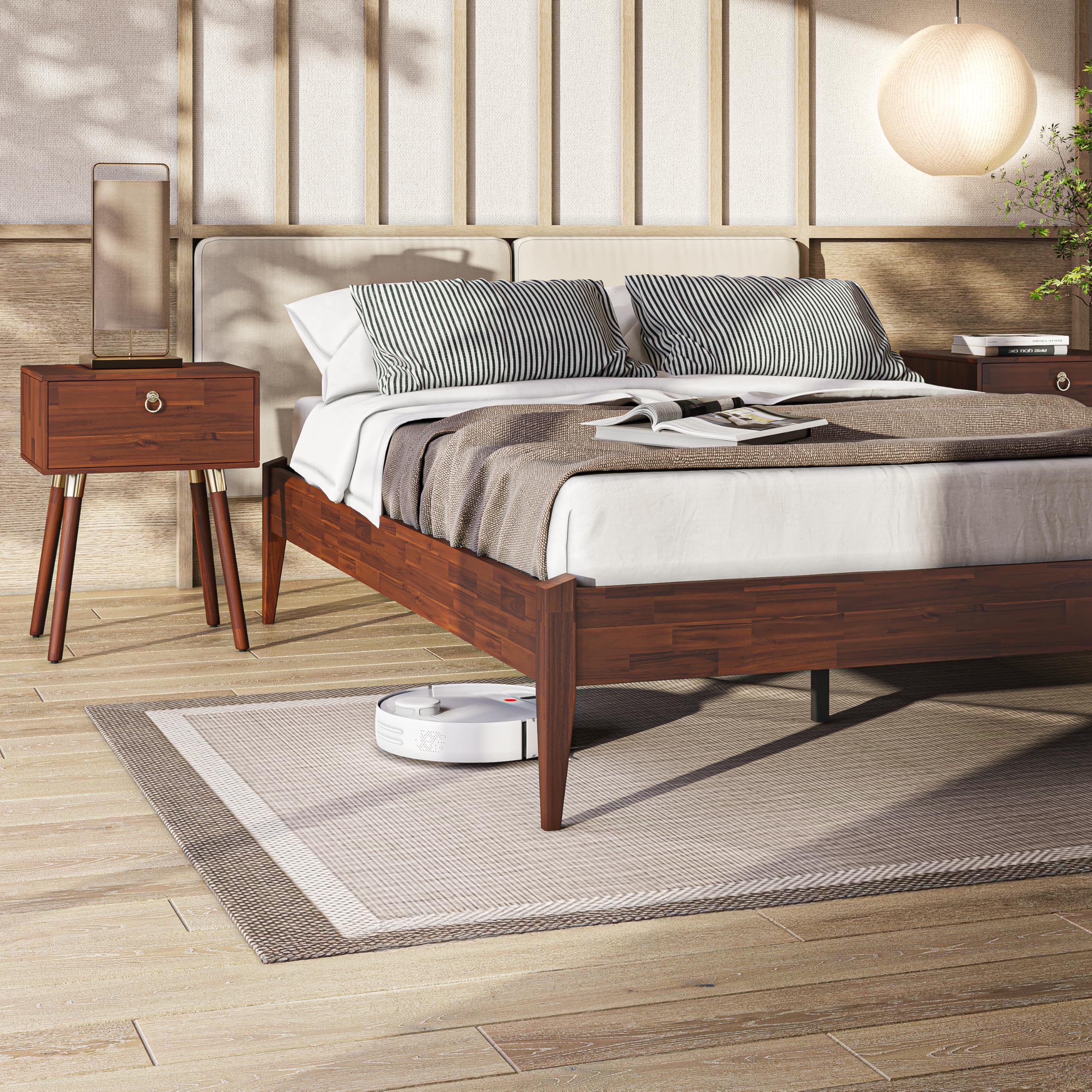 Bme Dinkee 15 Inch Signature Bed Frame - No Headboard Modern Minimalist Design with Acacia Wood - 12 Sturdy Wood Slats Support - Easy Assembly - No Box Spring Needed - Dark Chocolate Finish (Full Size) - Perfect for Small Spaces & Modern Bedrooms