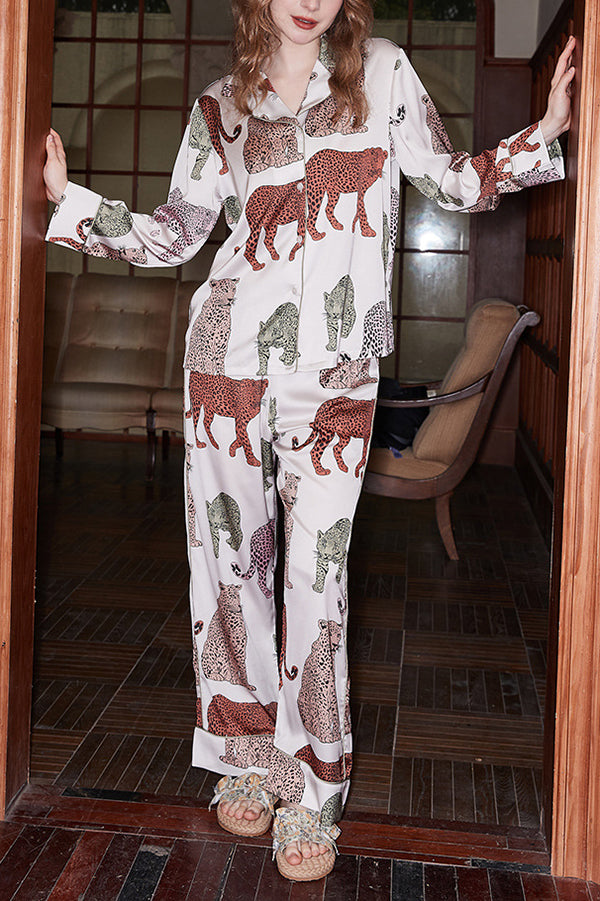 Stylish White Leopard Print Long Sleeve Two-Piece Loungewear Set - Cozy Home Outfit for Women | Perfect for Relaxing, Lounging & Casual Wear