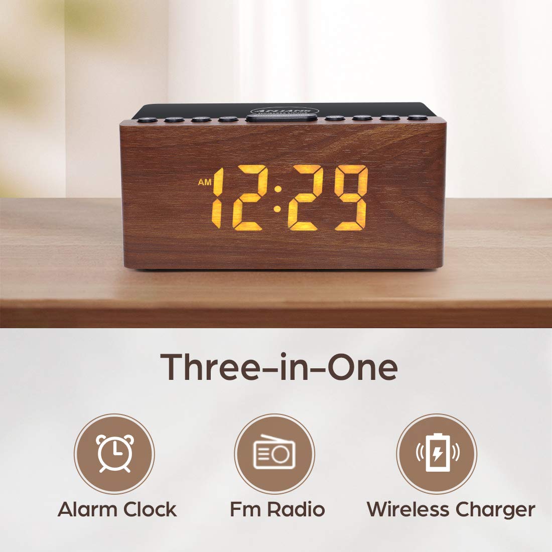 ANJANK Digital LED Alarm Clock with FM Radio & Wireless Charger - 5-Level Dimmer, USB Port, Dual Alarm Sounds, Sleep Timer - Compatible with iPhone & Samsung Galaxy - Perfect for Bedroom, Bedside, Desk (Wood Finish)