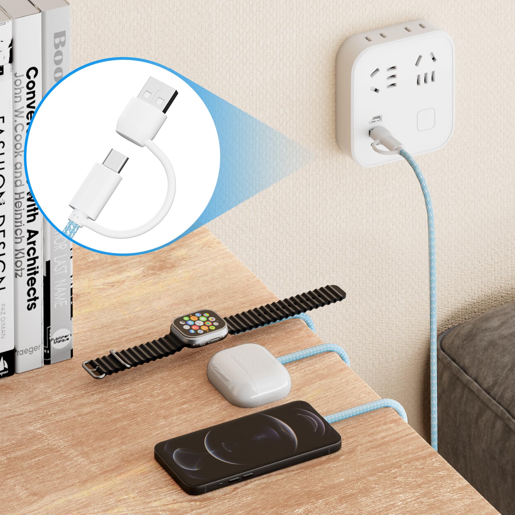 Premium 3-in-1 USB C Watch Phone Charger Cable - Compatible with Apple Watch Ultra/SE/Series 1-8, iPhone, Android & More - 4FT/1.2M Fast Charging Cord (Blue) - Perfect for Travel, Office & Home Use