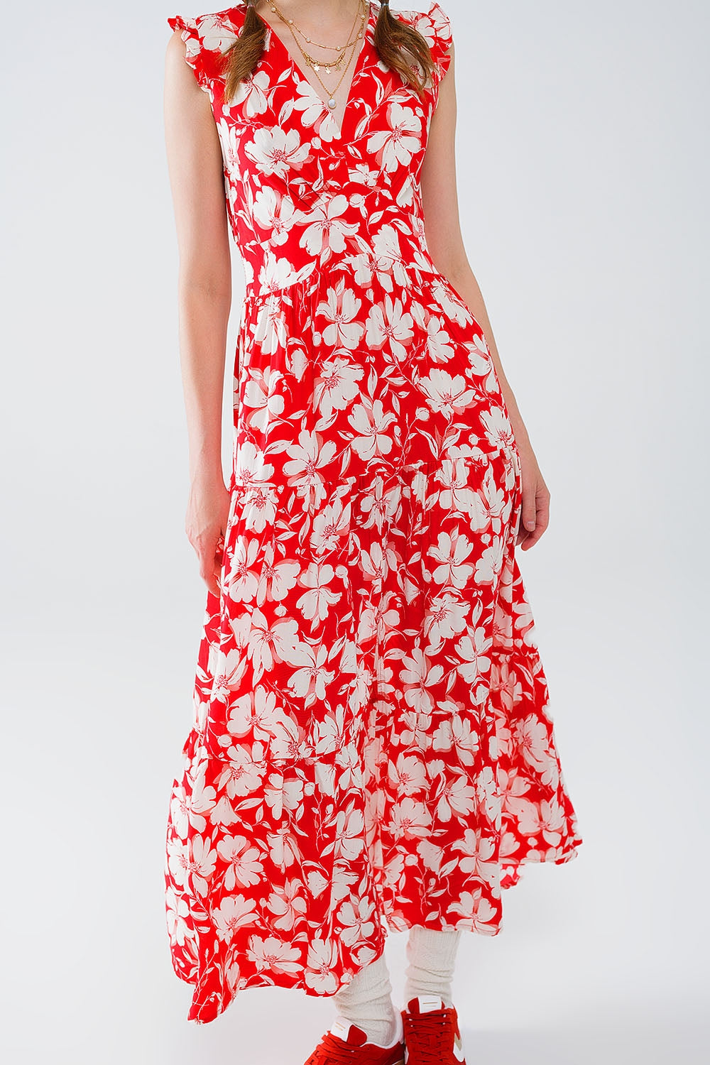 Elegant Long Red Floral Print V-Neck Robe - Perfect for Spa, Lounging & Relaxation at Home