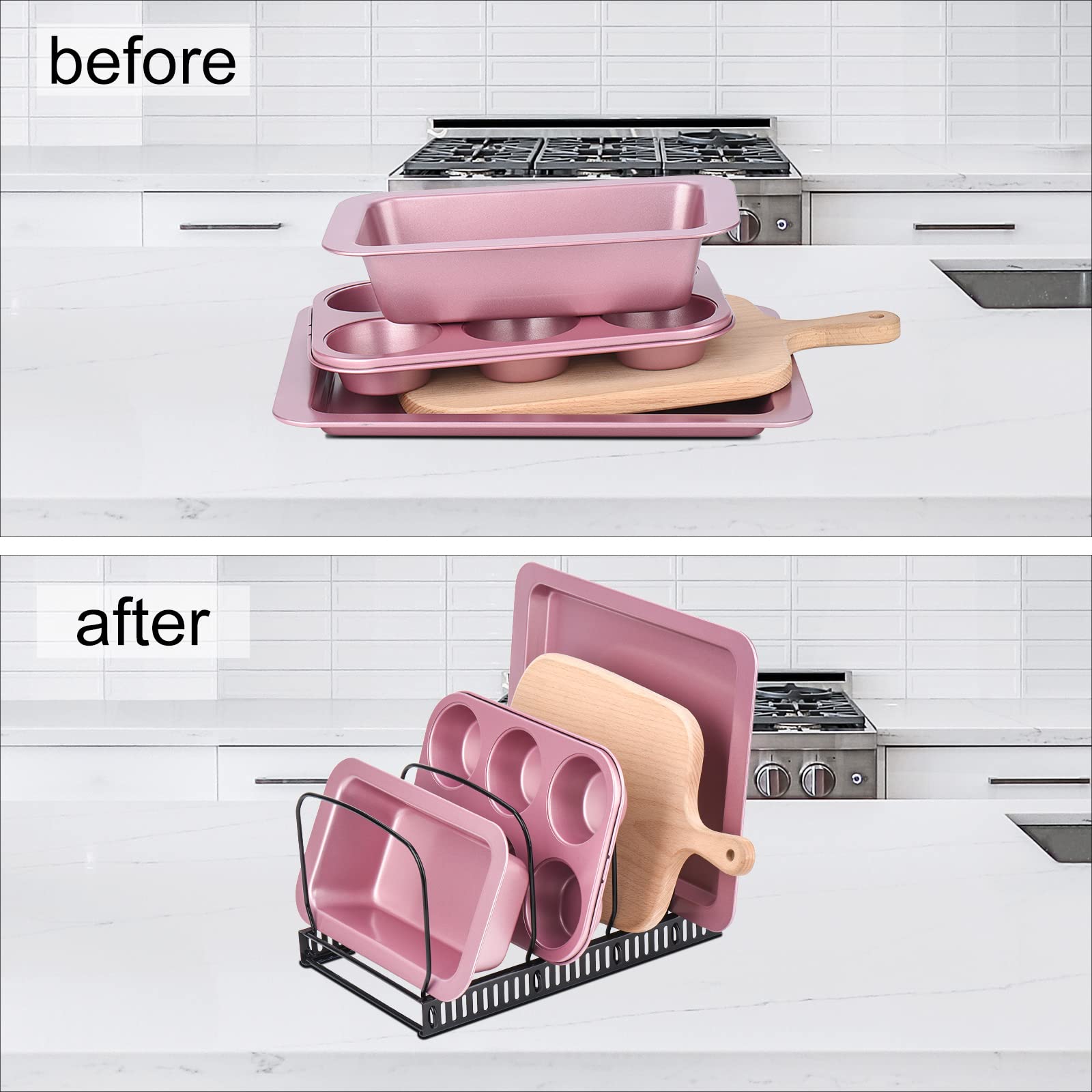 Toplife Adjustable 10-Pan and 7-Lid Organizer Rack for Kitchen Cabinet & Countertop - Space Saving Storage Solution for Pots, Pans & Cookware Lids - Perfect for Small Kitchens & Clutter-Free Cooking