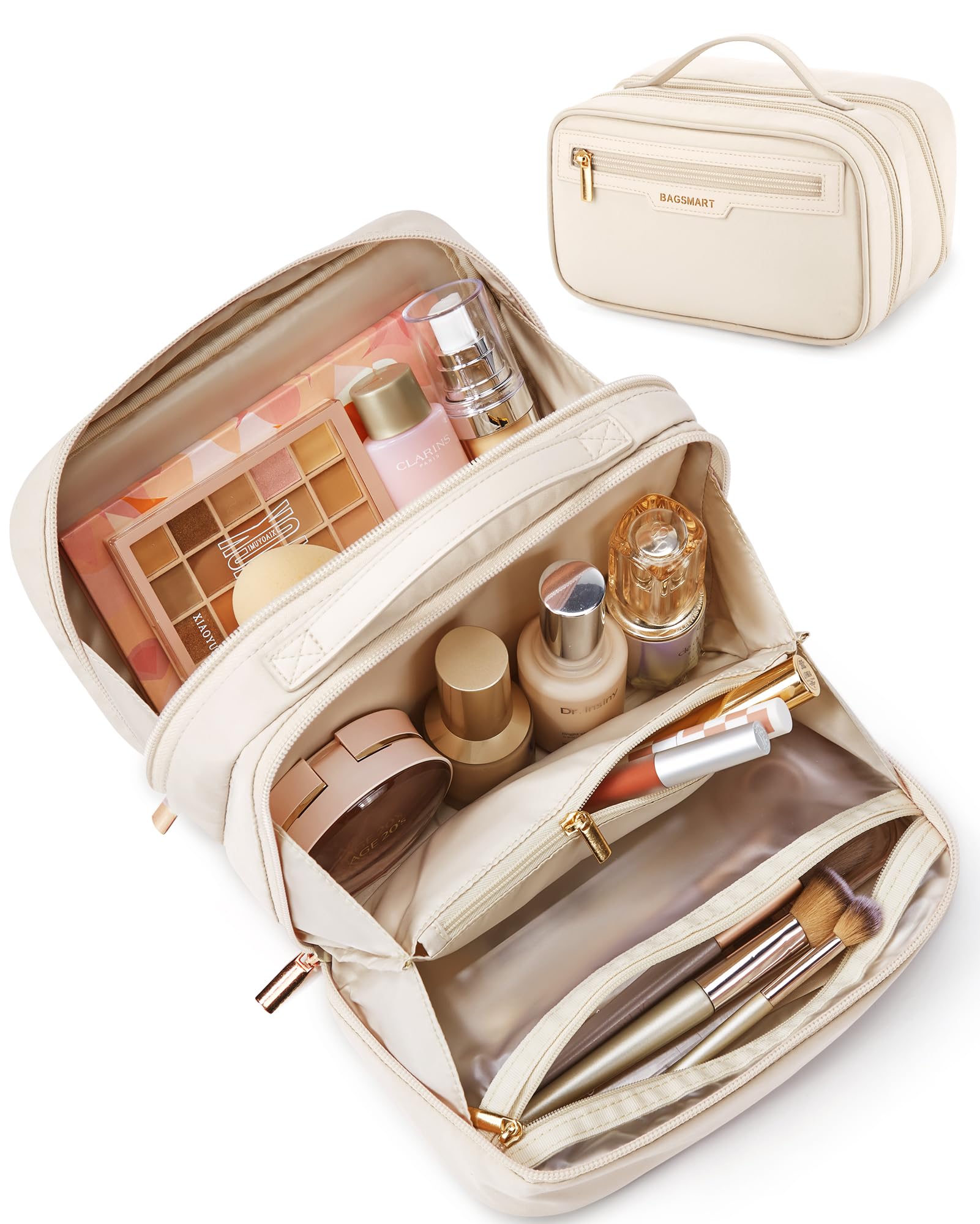 BAGSMART Travel Makeup Organizer Bag for Women - Portable Cosmetic Bag with Wide Opening for Toiletries, Brushes & Bottles | Perfect for Travel Essentials & Daily Use (Beige)
