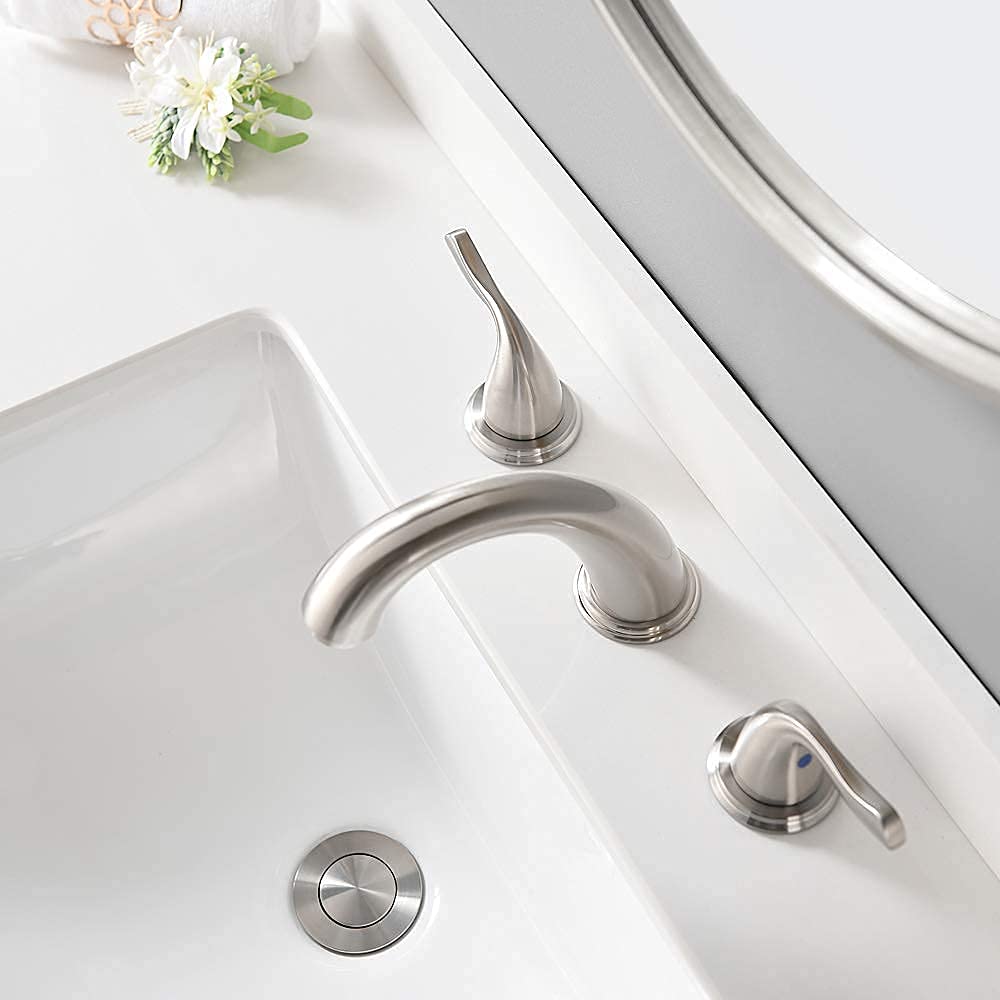 Premium Solid Brass Brushed Nickel 2-Handle Widespread Bathroom Sink Faucet with Stainless Steel Pop-Up Drain - Modern Waterfall Design for Vanity & Powder Room - Perfect for Master Bath, Guest Bath & Luxury Home Renovations