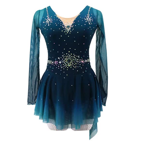 JRUIA Girls Ice Skating Dress Competition Outfit - Blue Green Gradient Figure Skating Costume for Women & Teens - Crystal Embellished Gymnastics Dancewear for Performances, Shows & Ice Rink Practice