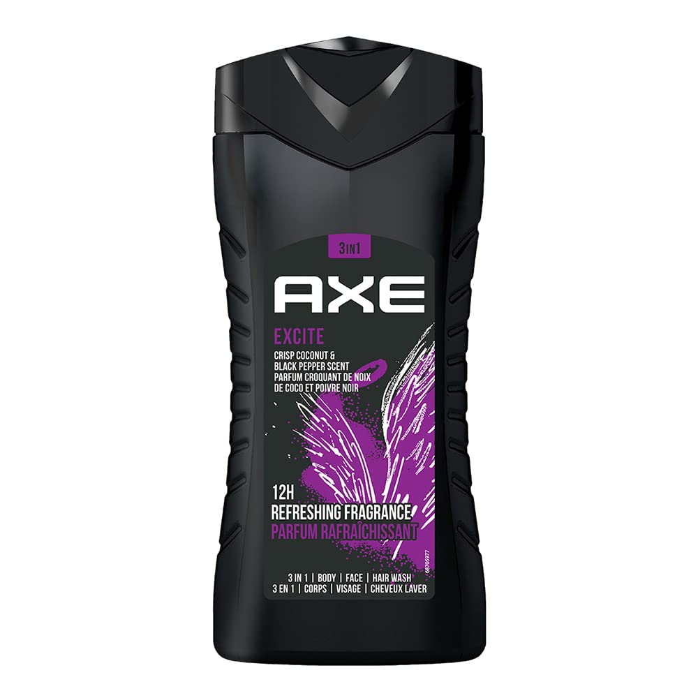Axe Excite 3-in-1 Body, Face & Hair Wash for Men - Long-Lasting Crisp Coconut & Black Pepper Scent (12 Hours) - Natural Ingredients, Odor & Bacteria Protection, Paraben-Free, 250ml - Perfect for Gym, Travel & Daily Shower Routine