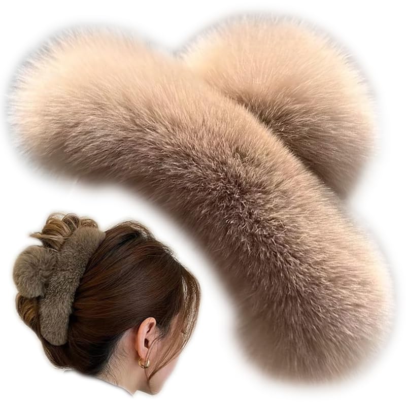 YOYLMAL Large Faux Fur Hair Claw Clip for Women - 5.1 Inch Winter Fluffy Hair Clips, Non-Slip Strong Hold Furry Big Jaw Clamp for Thick Long Hair (Coffee Brown) - Perfect for Parties, Weddings and Everyday Styling