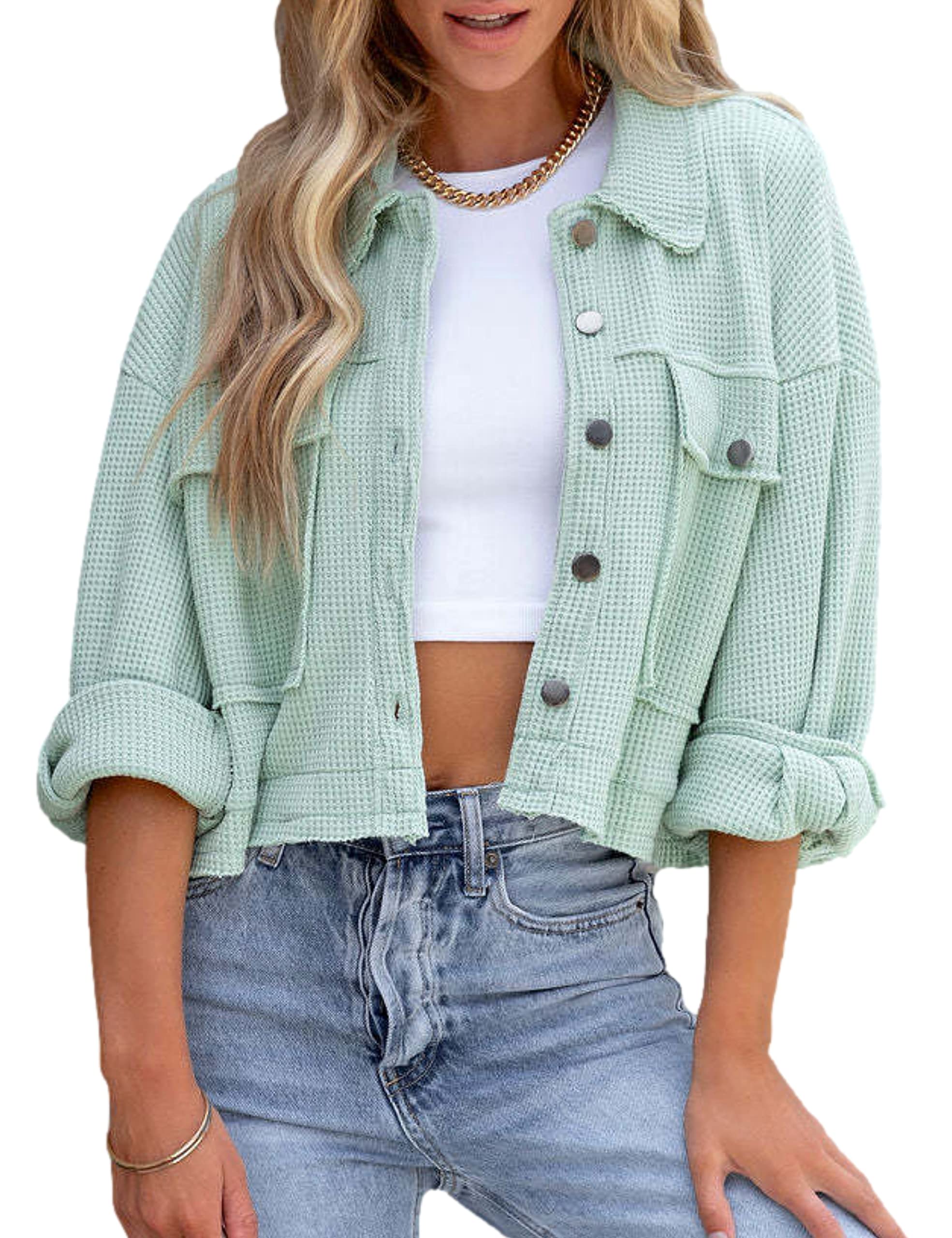 Bozanly Women's Loose Button Down Waffle Knit Shirt Shacket Jacket - Fall Casual Outerwear for Layering, Work & Weekend Outings