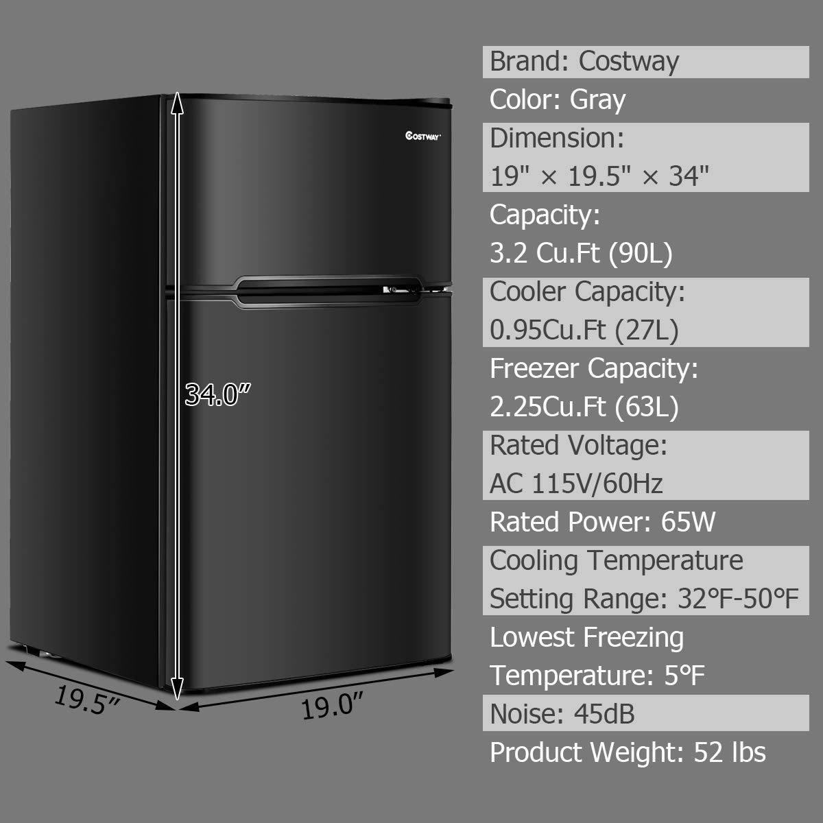 COSTWAY 3.2 cu ft Compact Refrigerator with Freezer | 2-Door Mini Fridge with Reversible Door, Removable Glass Shelves & Mechanical Control | Perfect for Dorm, Office, Apartment, RV & Small Spaces (Black)